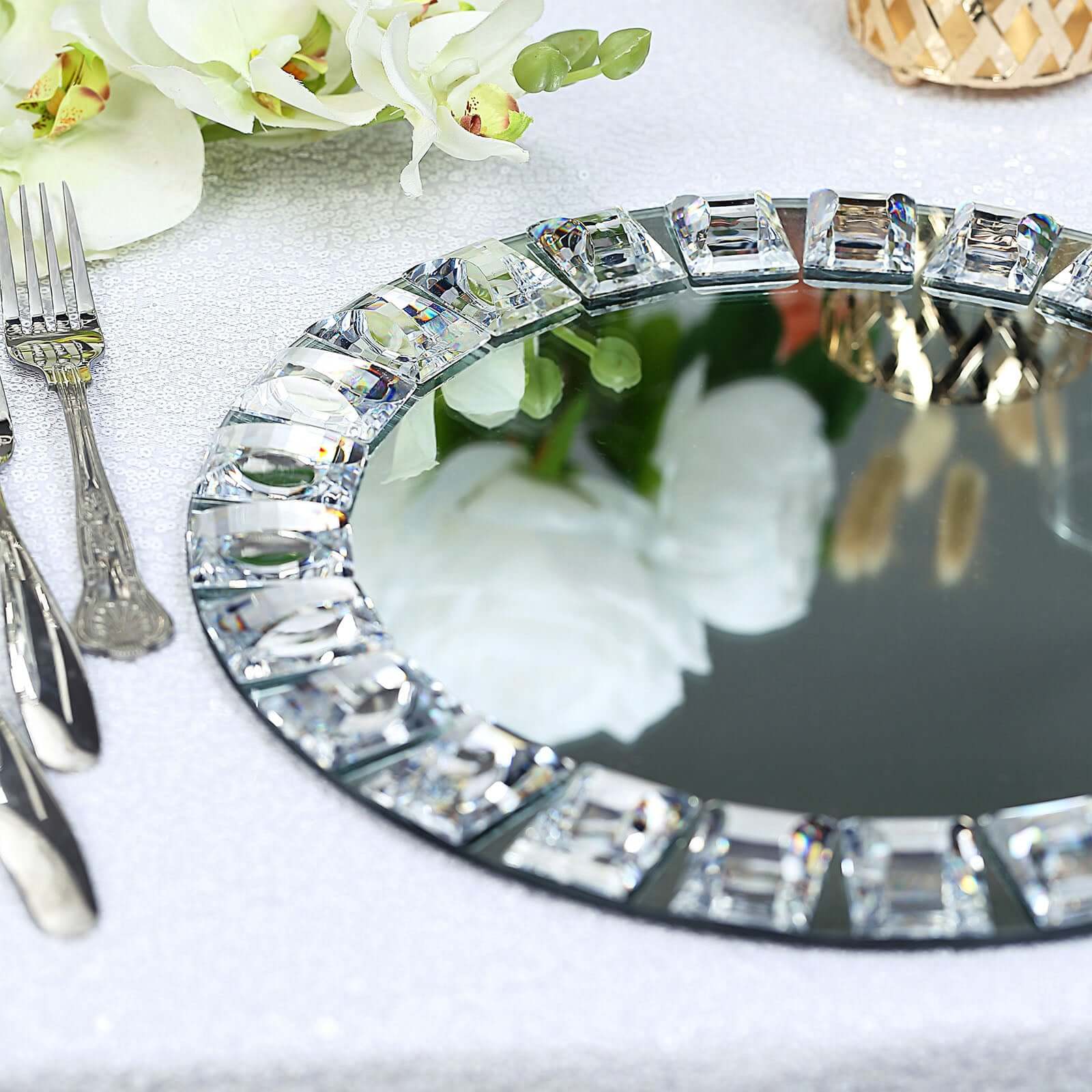 2-Pack Glass Mirror Round Charger Plates 13" in Silver with Jeweled Rim - Premium Decorative Dinner Party Charger Tableware