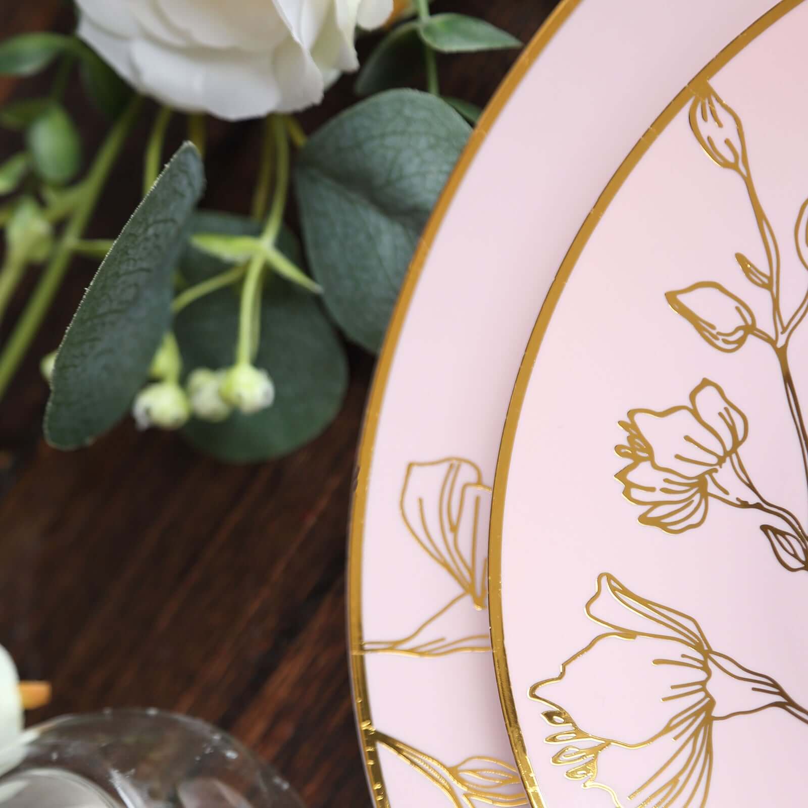 Set of 20 Plastic Round Dinner and Dessert Plates in Dusty Rose with Metallic Gold Floral Design - Stylish Disposable Dinnerware 8", 10"