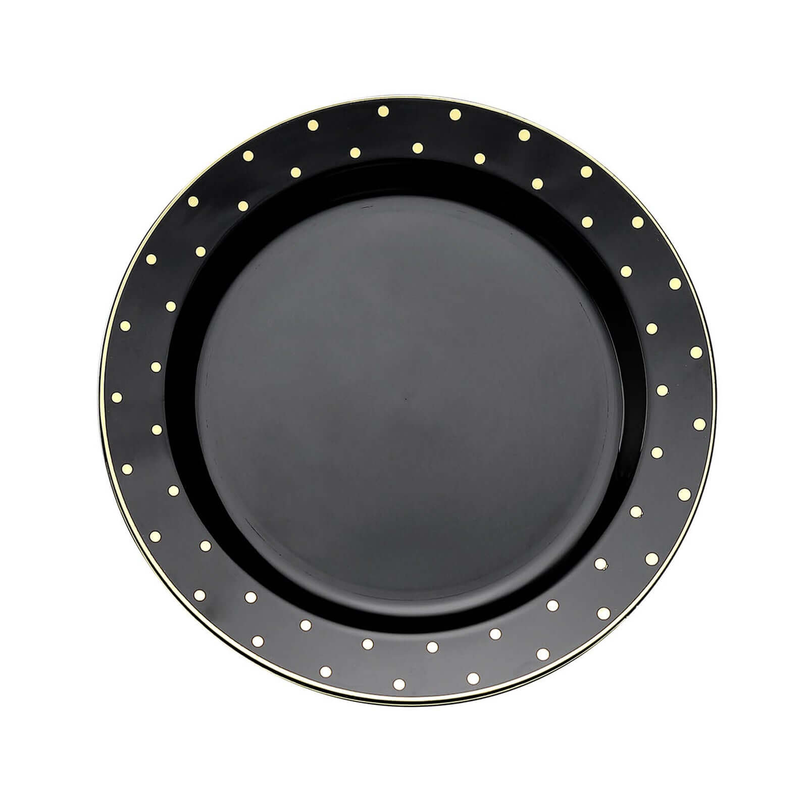10 Pack 7.5" Black With Gold Dot Rim Plastic Dessert Plates, Round Salad Disposable Tableware Plates