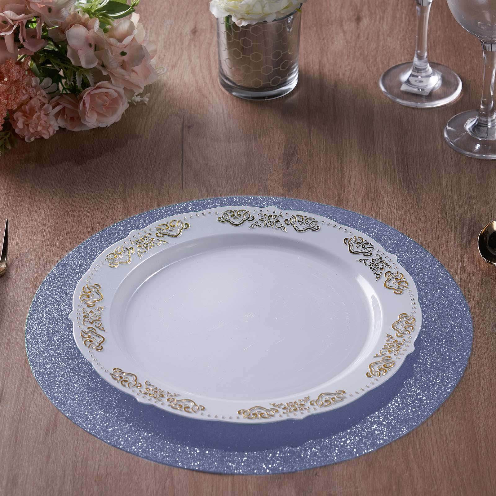 6-Pack Placemats Glitter Design Dusty Blue Sparkle Round - Non-Slip Decorative Dining Table Mats 13"