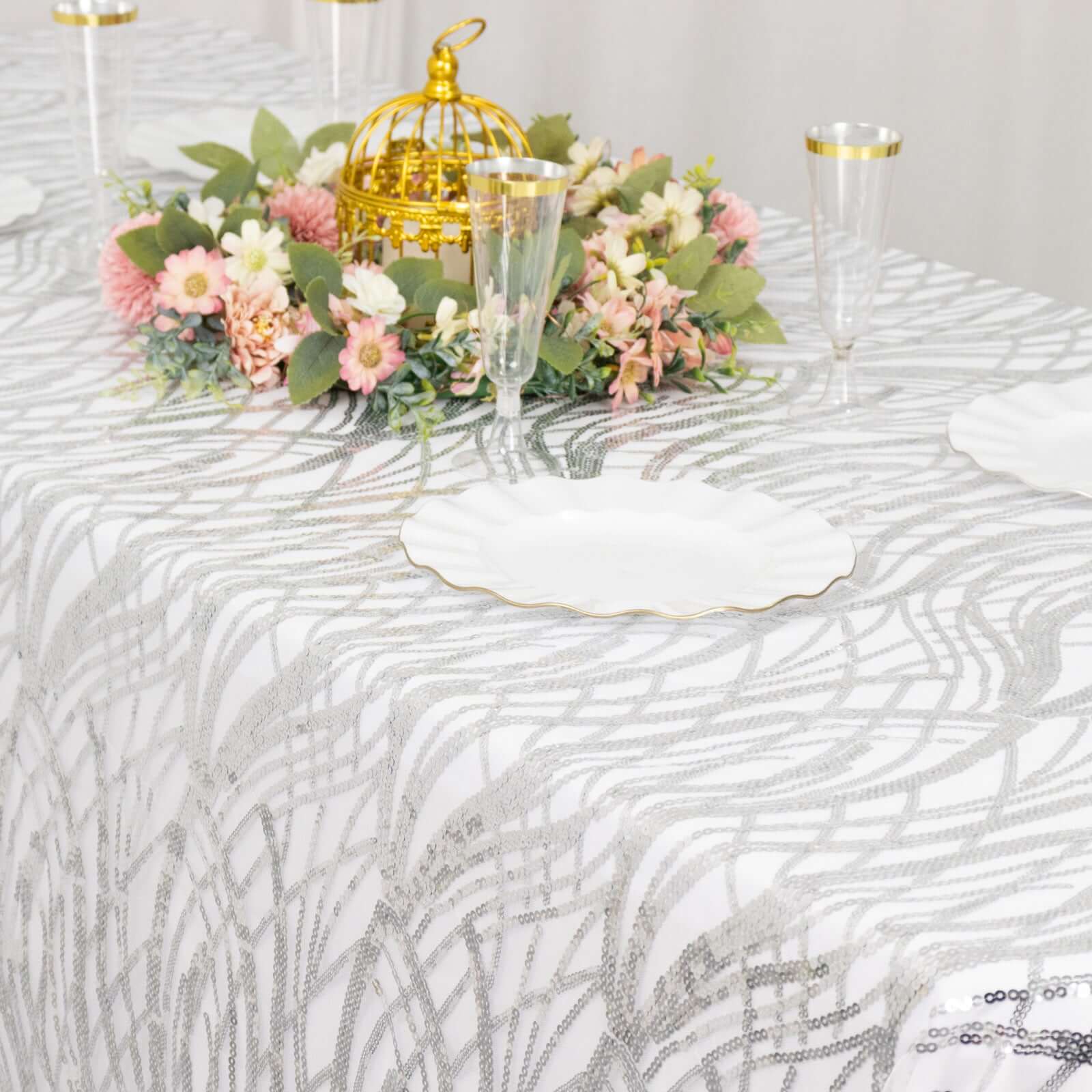 Mesh 90"x156" Rectangle Tablecloth Silver - Wave Sequin Embroidered Table Cover