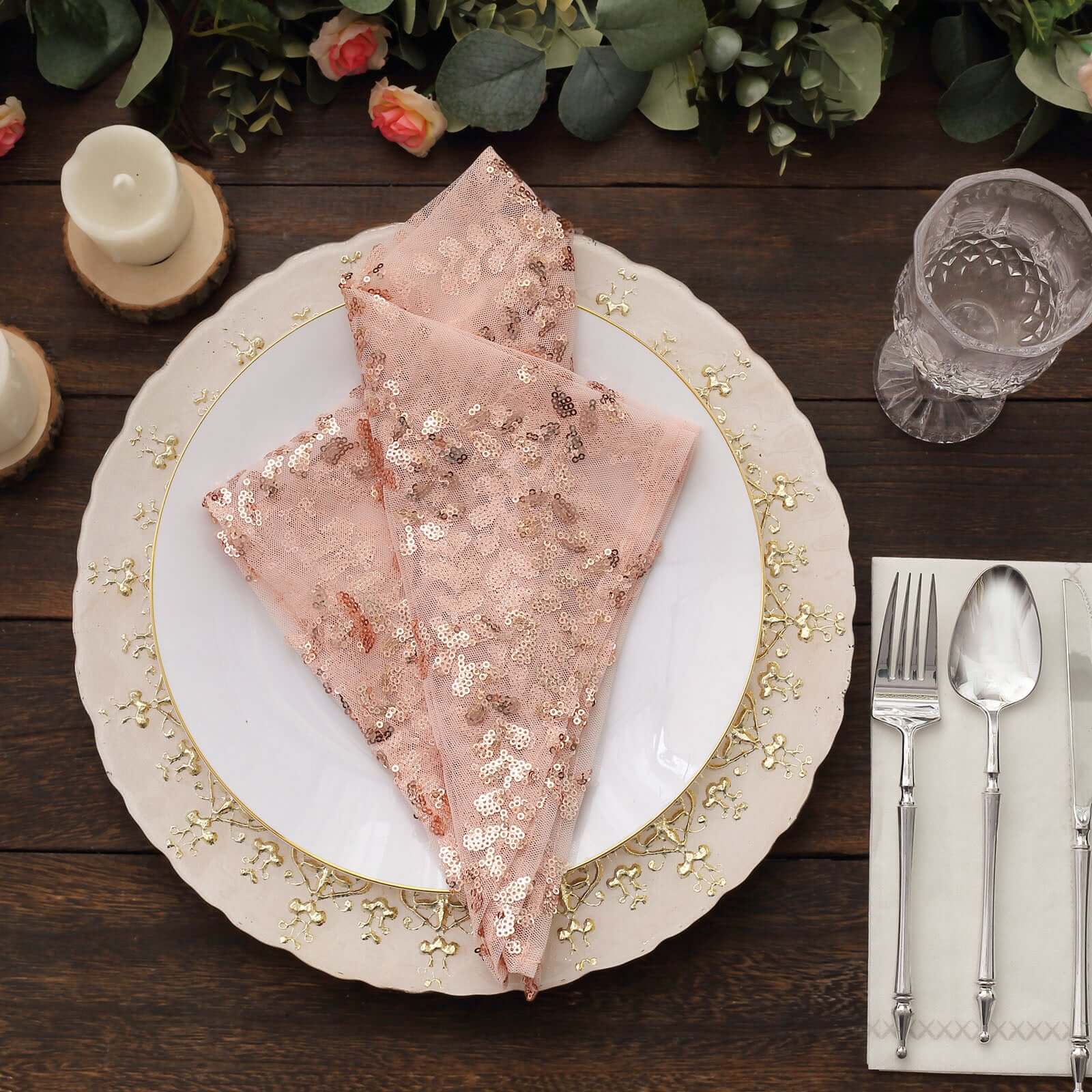 Sequin Tulle 20"x20" Napkin Rose Gold - Embroidered Leaf Vine Dinner Napkins
