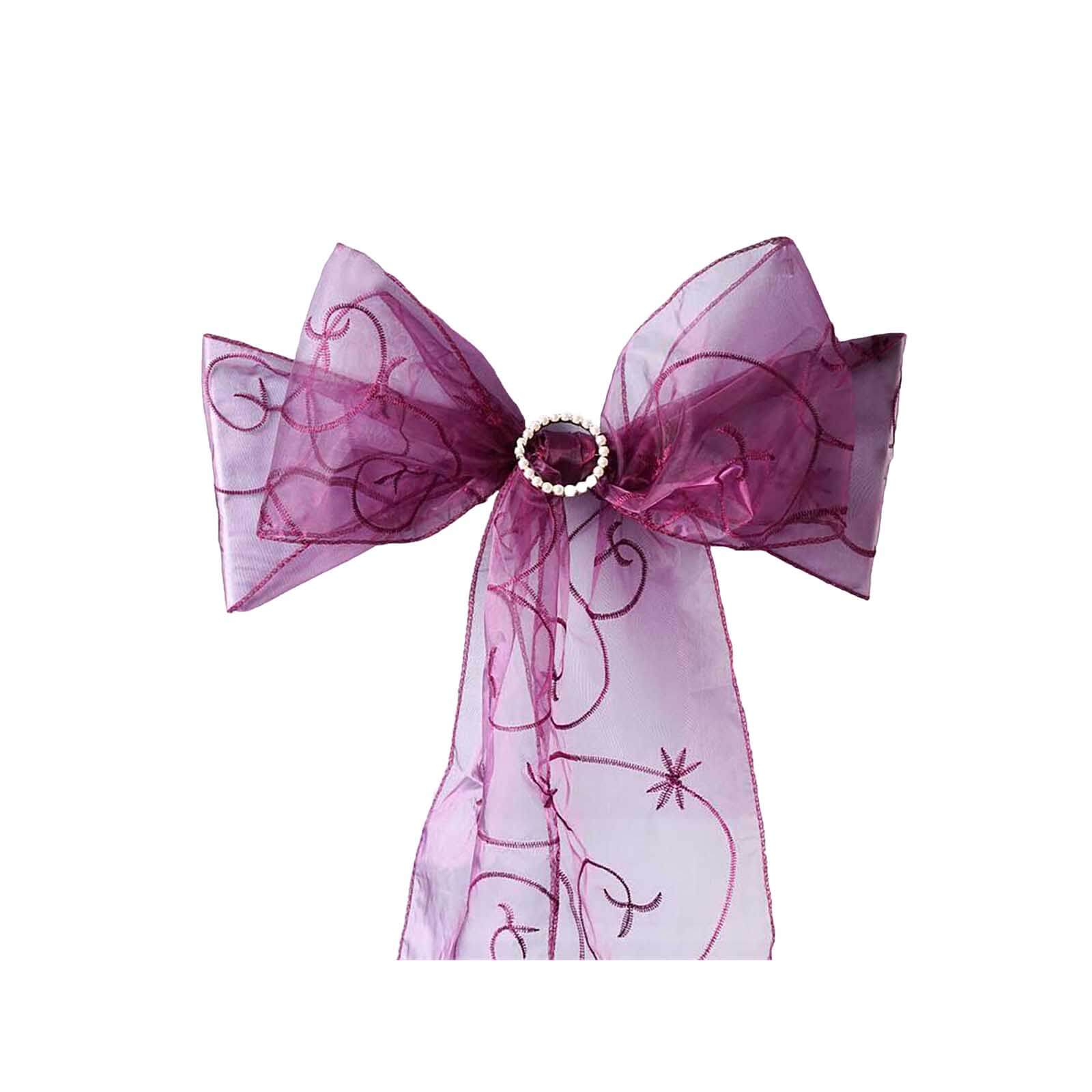 5 Pack Organza Chair Sashes with Satin Leaf Embroidery Eggplant - Reusable Sheer Design 7"x108"