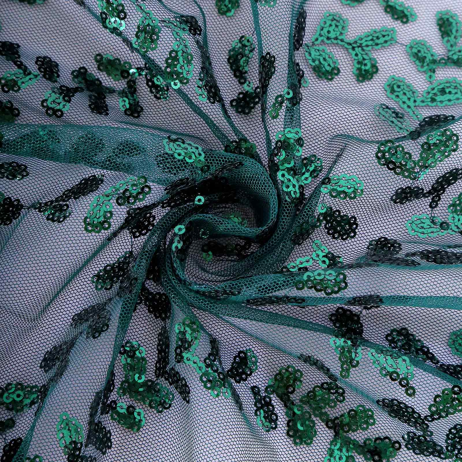 Tulle 90"x156" Rectangle Tablecloth Hunter Emerald Green - Sequin Leaf Embroidered Table Cover