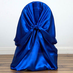Satin Chair Cover Self-Tie Universal Design Royal Blue - Durable Slip-On Cover for Folding, Dining, Banquet & Standard Chairs
