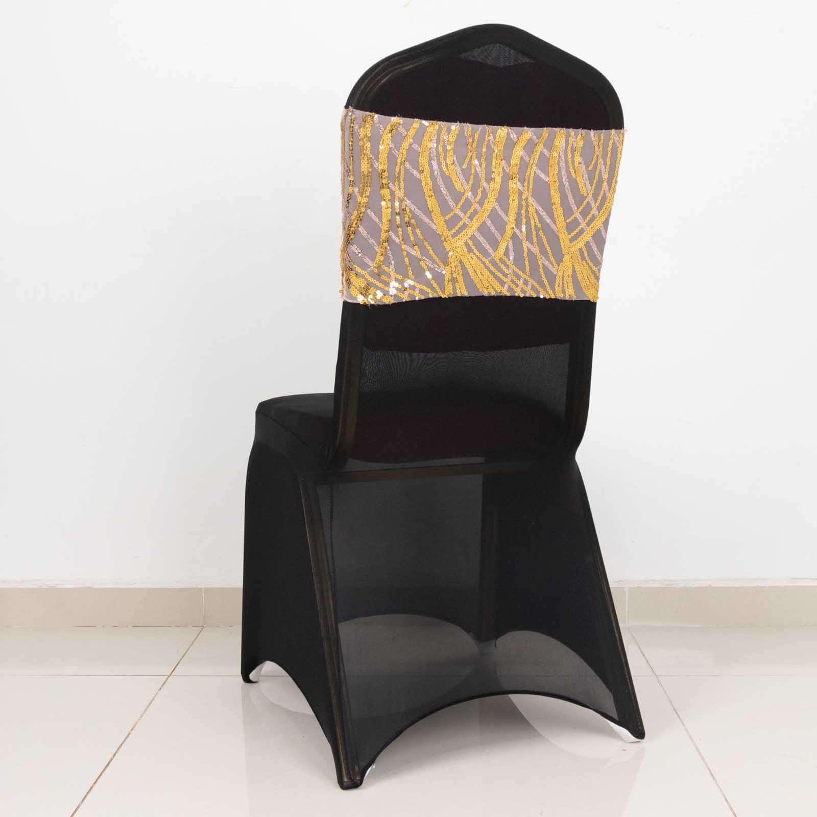 5 Pack Chair Sash Bands with Wave Embroidered Sequins Rose Gold/Gold