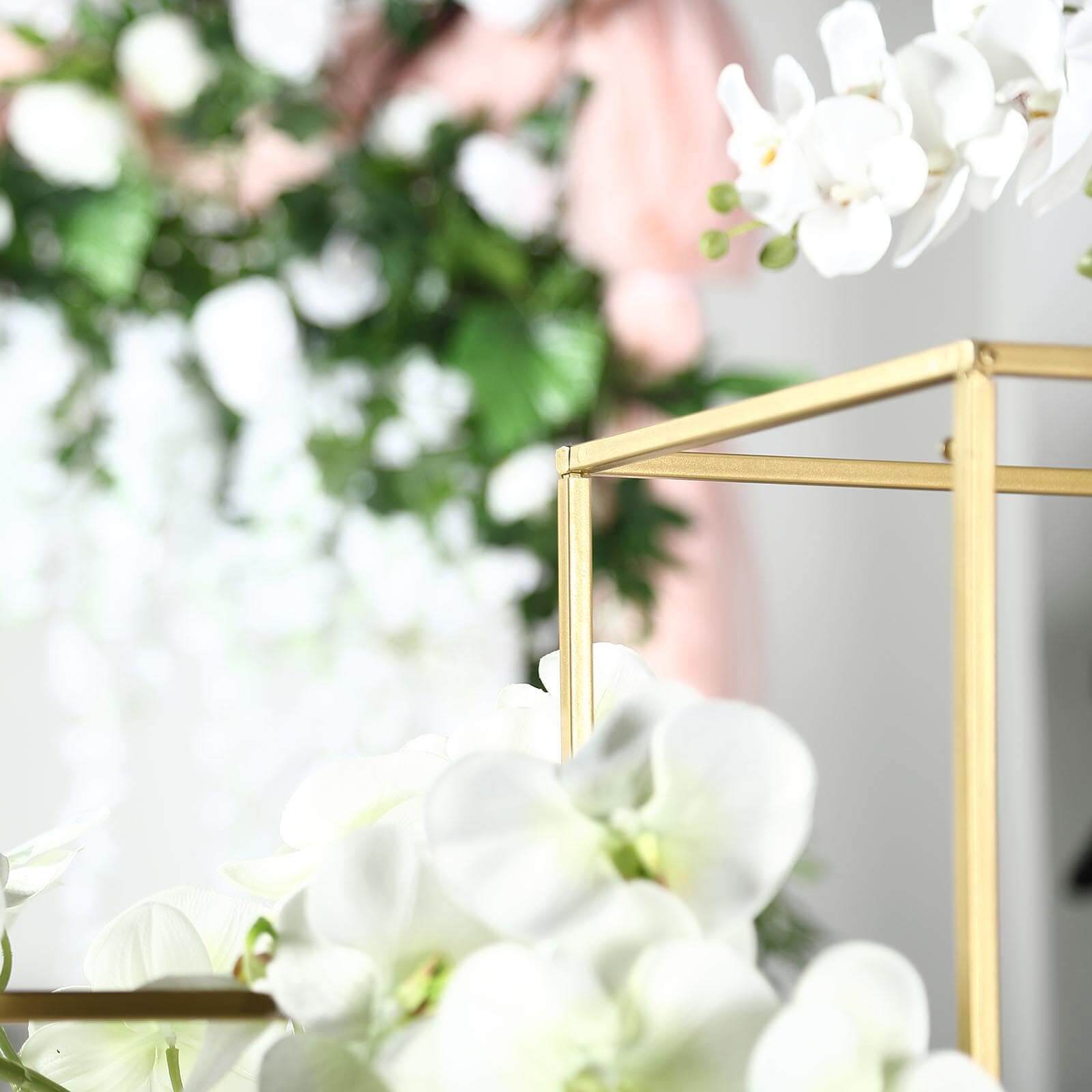 2-Pack Wedding Flower Stand Gold Metal Geometric Column Frame Rectangular - Versatile Floral Pedestal for Sophisticated Arrangements 16"