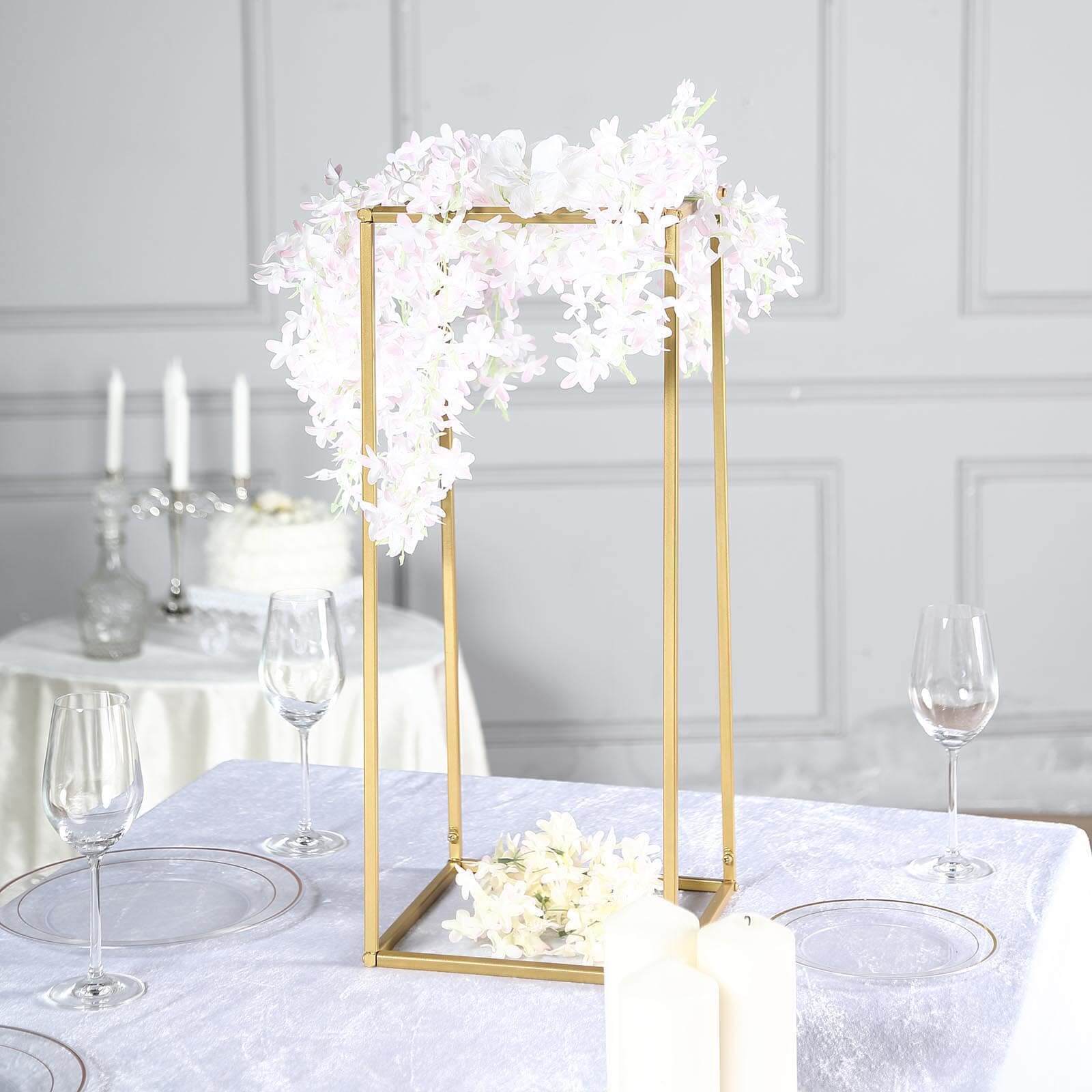 2-Pack Wedding Flower Stand Gold Metal Geometric Column Frame Rectangular - Versatile Floral Pedestal for Sophisticated Arrangements 24"