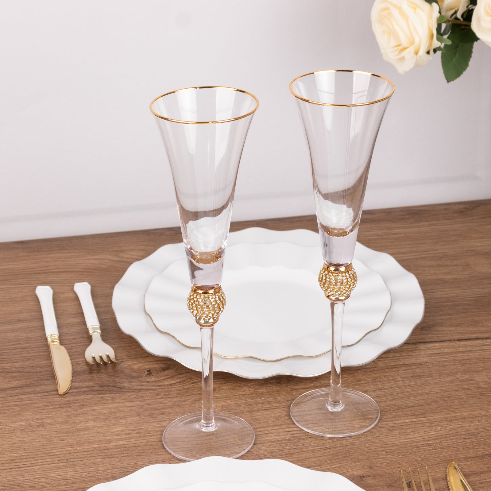 6-Pack Champagne Flute Glasses Clear Gold Rim Design with Studded Rhinestones - Long Stem Crystal Glassware for Wine & Events 6oz 11"