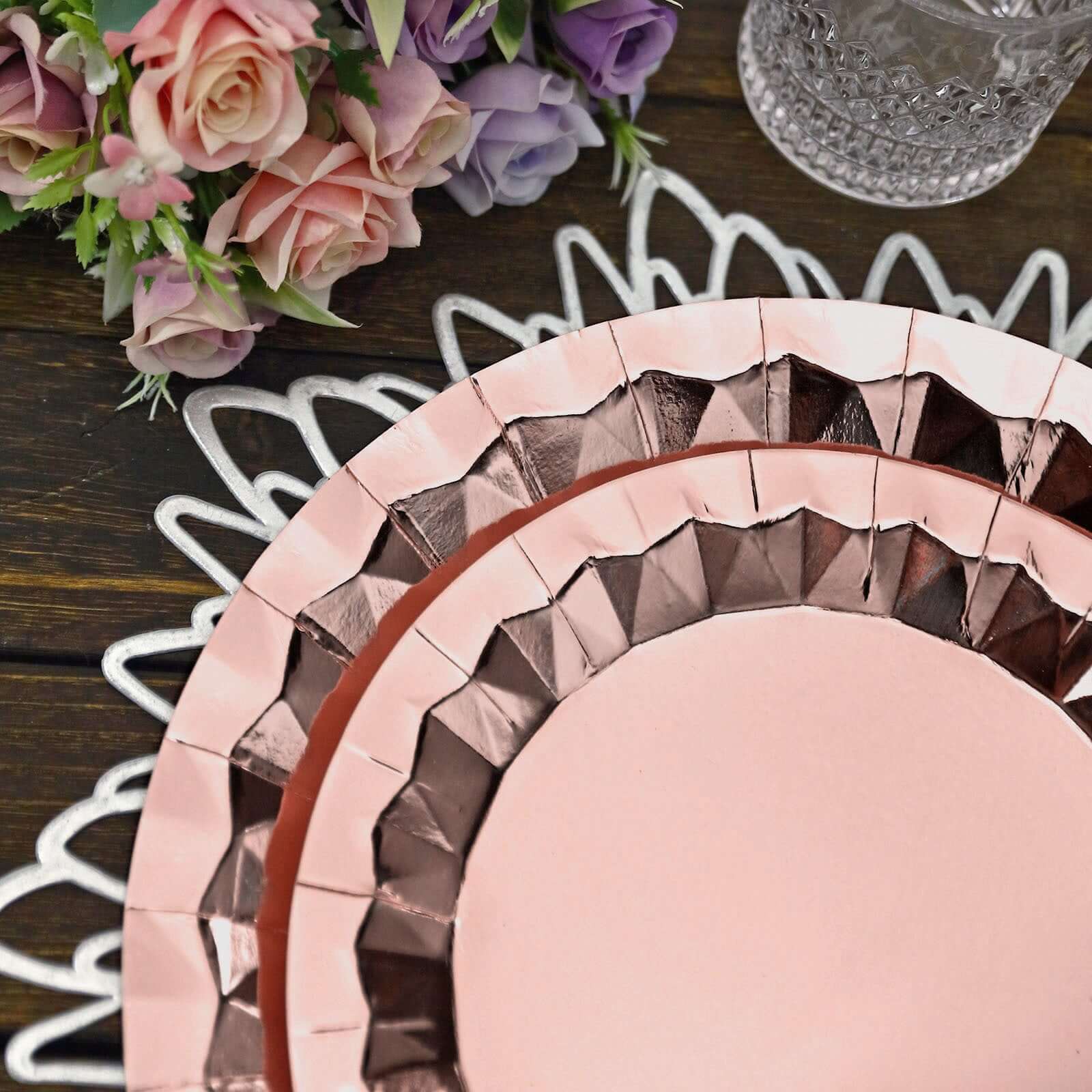 25-Pack Paper 12" Round Charger Plates in Metallic Rose Gold with Geometric Prism Design - Disposable 400GSM Serving Trays