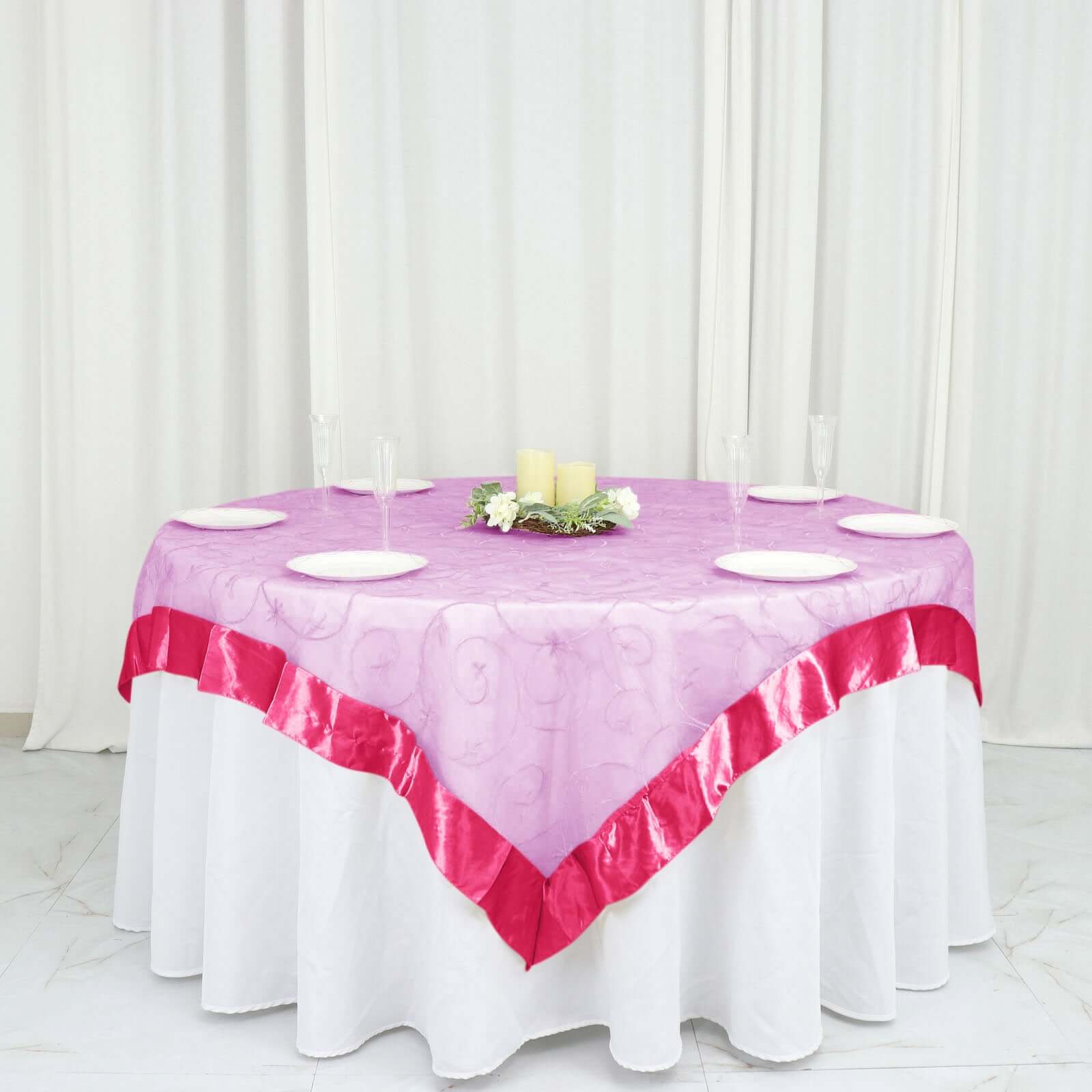 72"x72" Fuchsia Embroidered Sheer Organza Square Table Overlay With Satin Edge