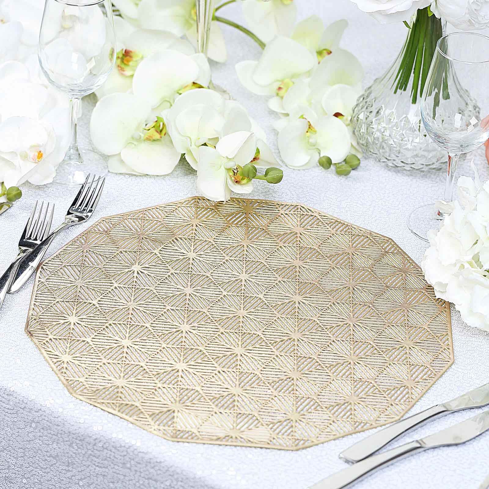6-Pack Dining Table Mats Geometric Woven Design Gold - Vinyl Non-Slip Surface for Modern Table Settings 15"