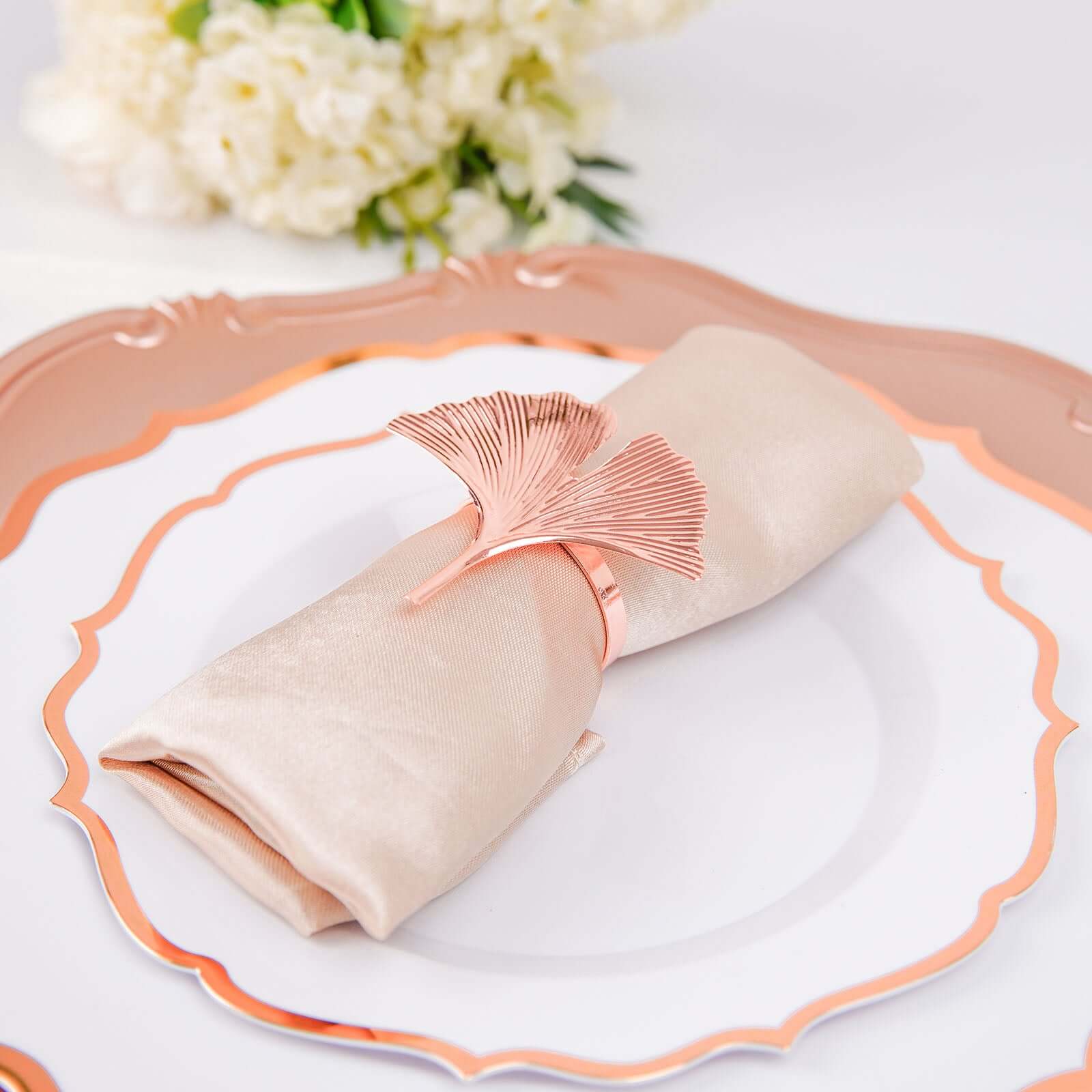 4 Pack Metallic Rose Gold Ginkgo Leaf Napkin Rings, Ornate Design Linen Napkin Holders