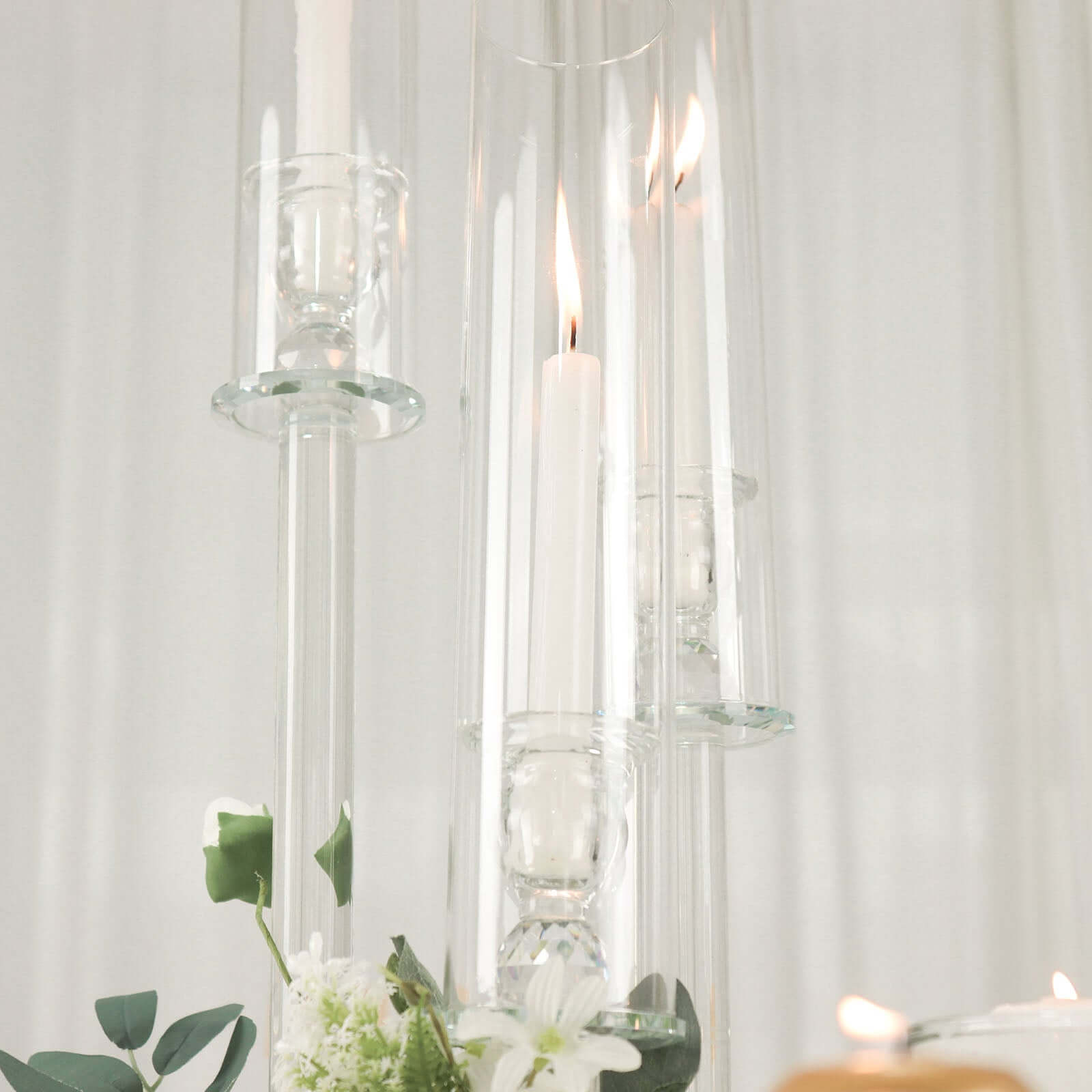3-Arm Round Crystal Glass Candelabra Clear Taper Design - Sophisticated Pillar Candle Holder Table Centerpiece for Weddings 23"