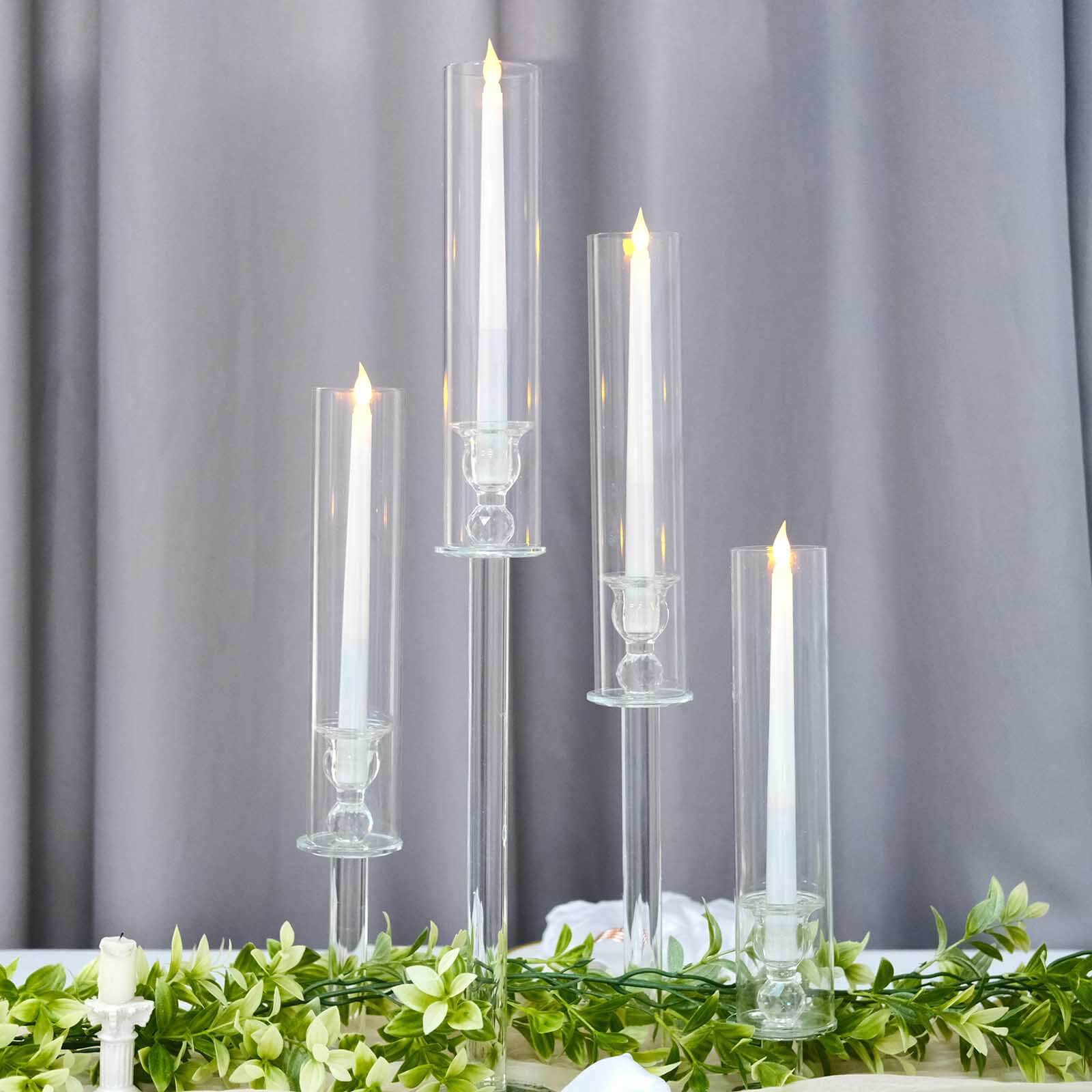 Set of 4 Crystal Glass Hurricane Taper Candle Holders, Decorative Tall Candle Stands Clear Cylinder Chimney Tubes 14", 18", 22", 26"