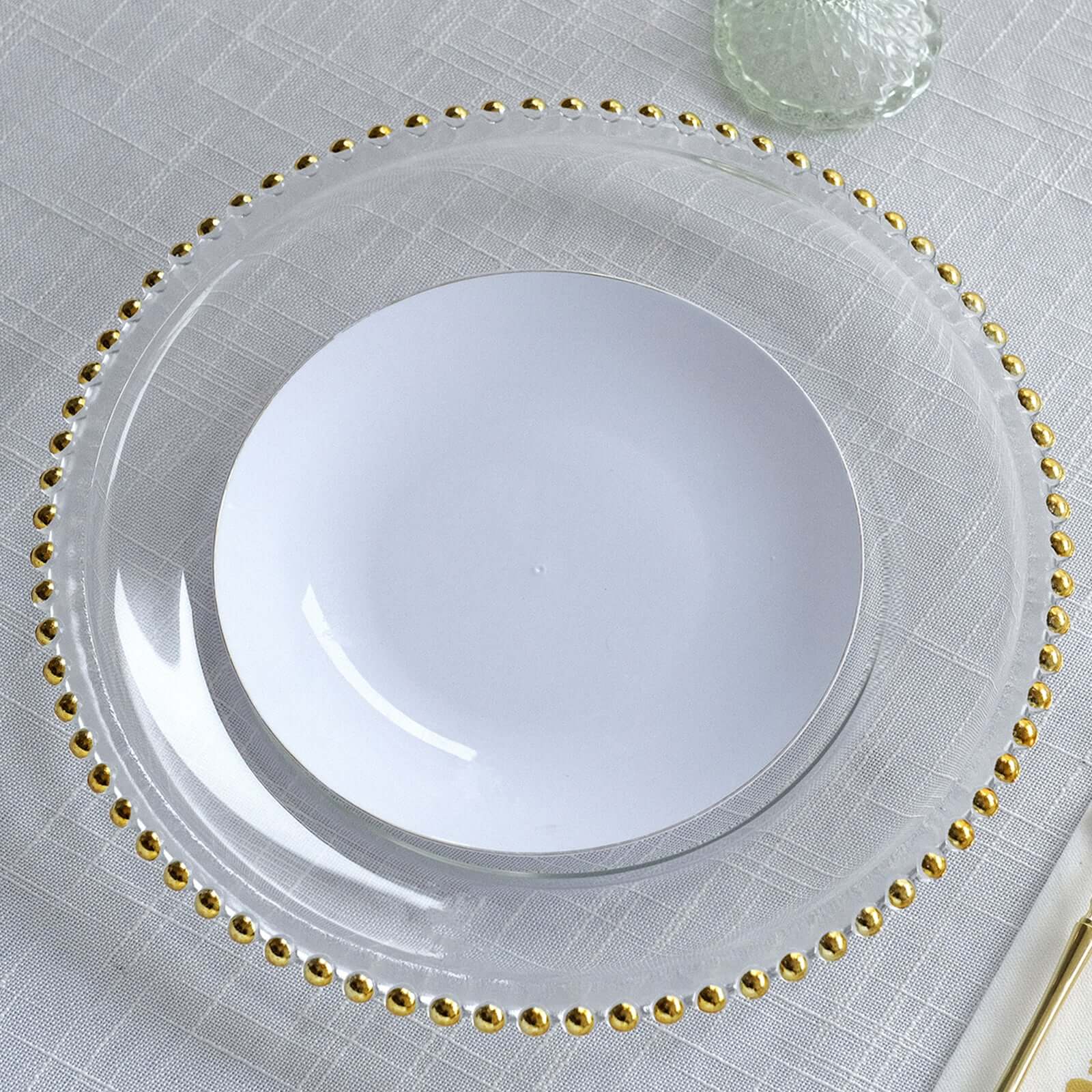 8-Pack Glass Round Charger Plates 12" in Gold with Beaded Rim, Event Tabletop Decorative Dinner Charger Tableware