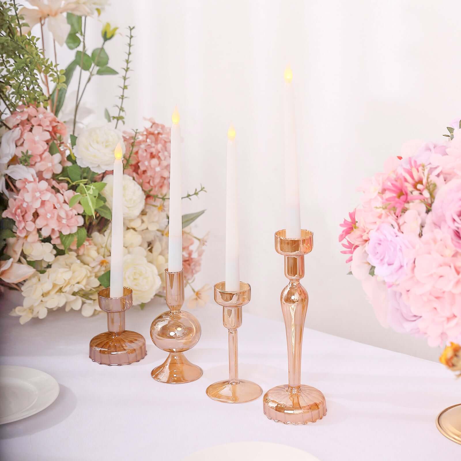 Set of 4 Glass Taper Votive Candle Holders Lined Crystal Design Assorted Amber Gold - Tea Light Stand Set 4", 5.5", 6", 9"