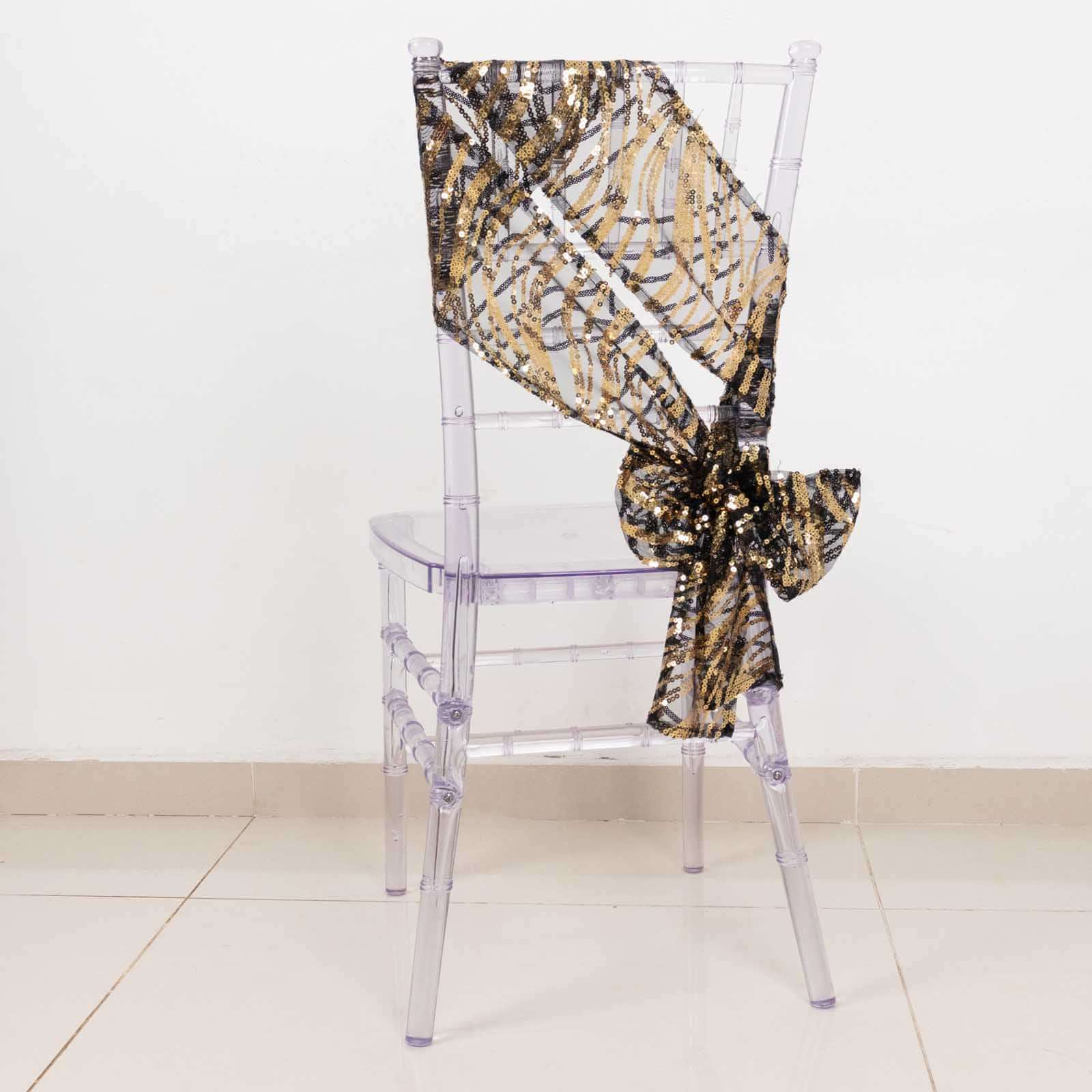 5 Pack Chair Sashes with Wave Embroidered Sequins Black/Gold 6"x88" - Stylish Glittering Decor for Weddings