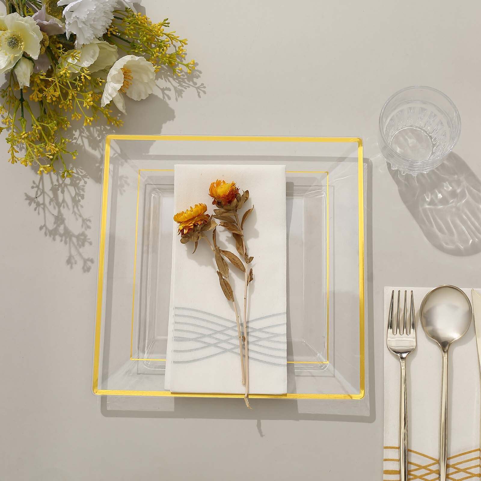 10 Pack 10" Gold Trim Clear Square Disposable Dinner Plates, Plastic Party Plates