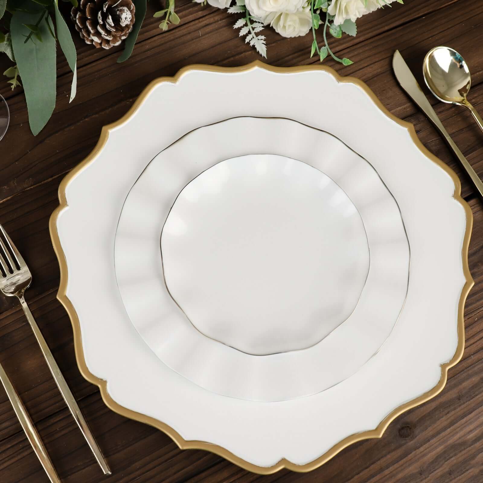 6-Pack Acrylic Round Charger Plates 13" in White with Gold Scalloped Rim, Decorative Dinner Party Plastic Charger Tableware