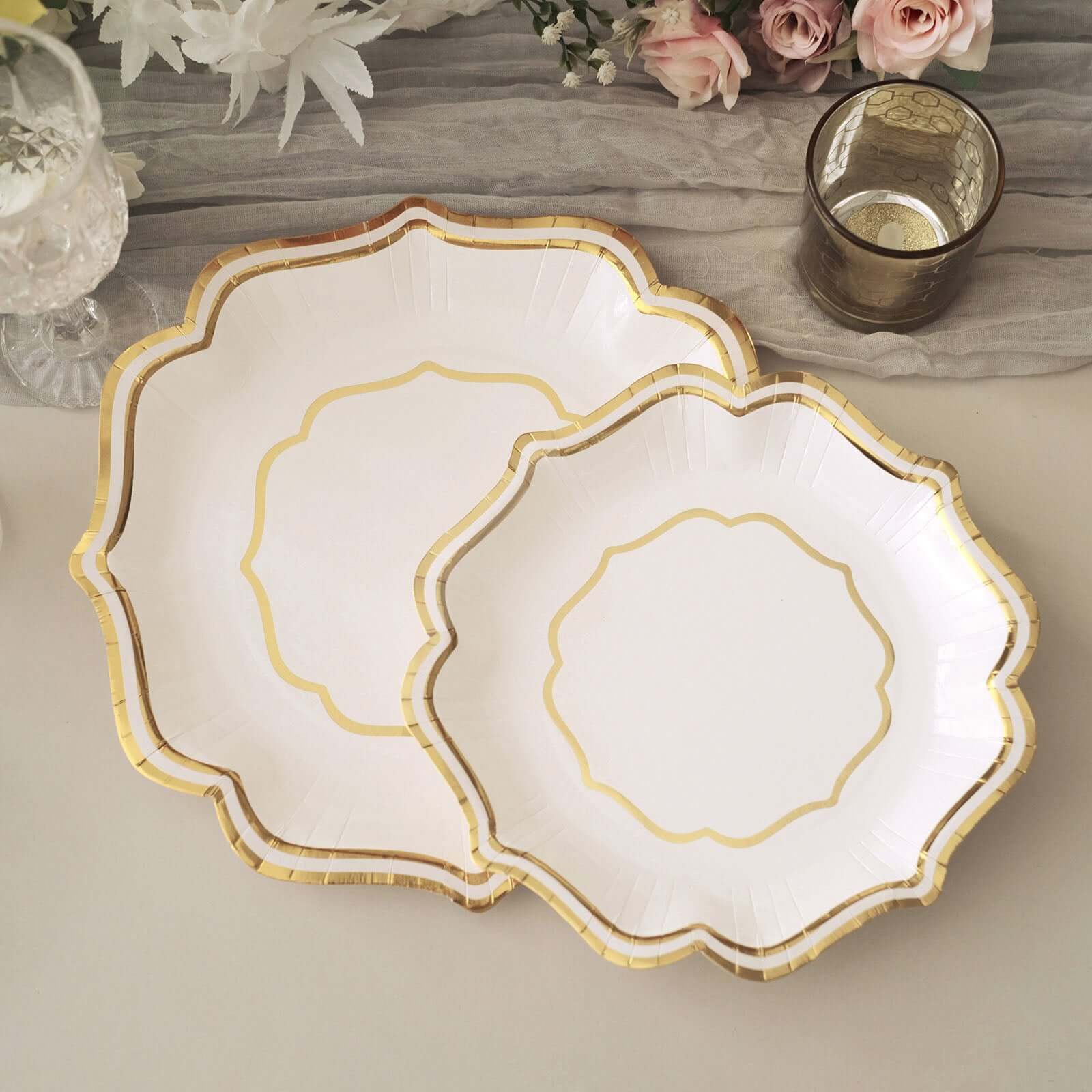 25-Pack Paper Dinner Plates in White with Gold Scallop Rim - Disposable 300GSM Party Plates for Classy Banquets & Celebrations 10"