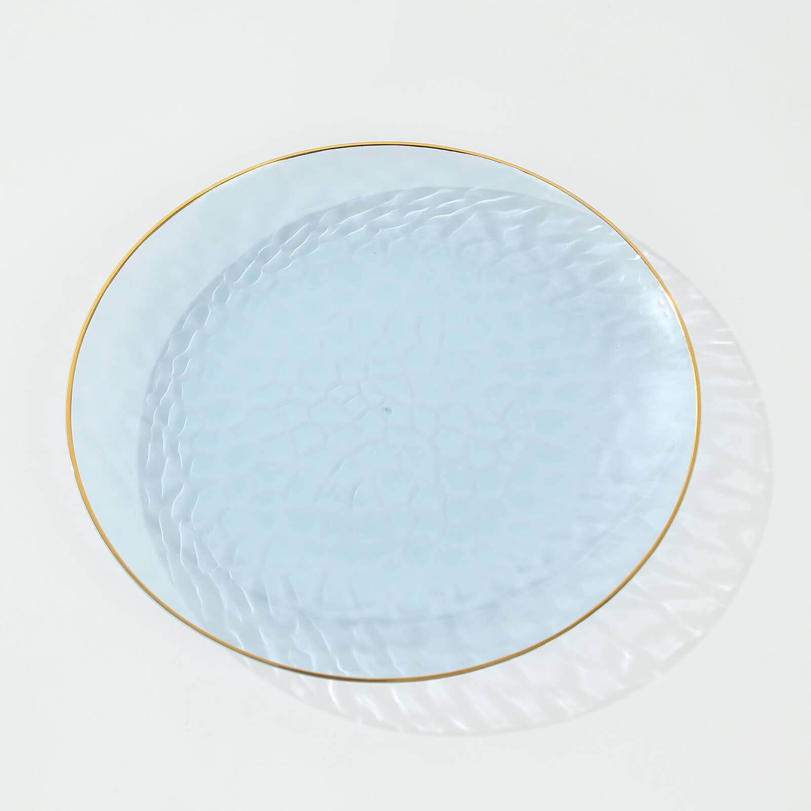 10-Pack Plastic 7" Round Dessert Appetizer Plates in Transparent Dusty Blue Hammered Design with Gold Rim - Modern Disposable Salad Plates