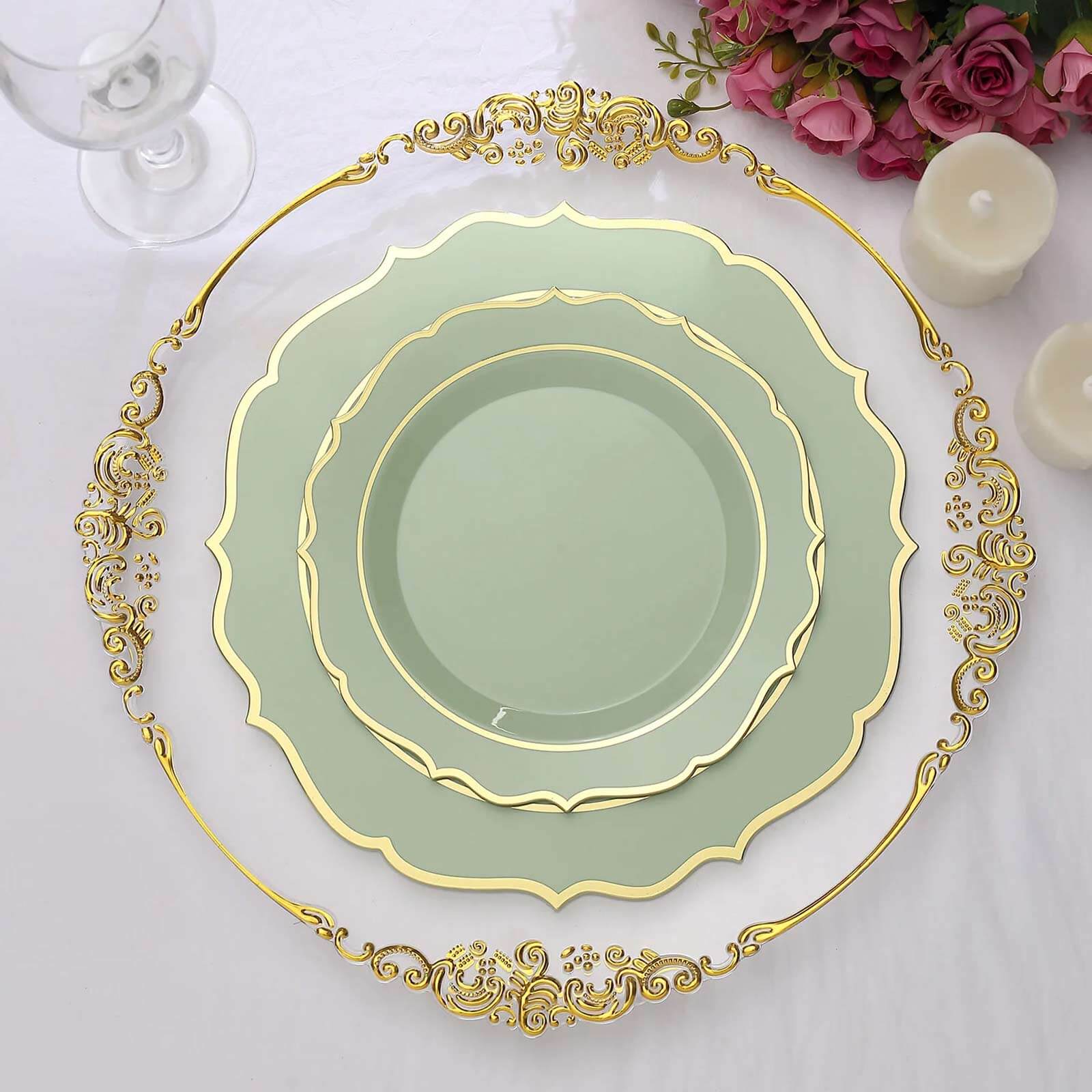 10-Pack Plastic 8" Round Desert Plates in Sage Green with Gold Scalloped Rim - Disposable Appetizer/Salad Plates