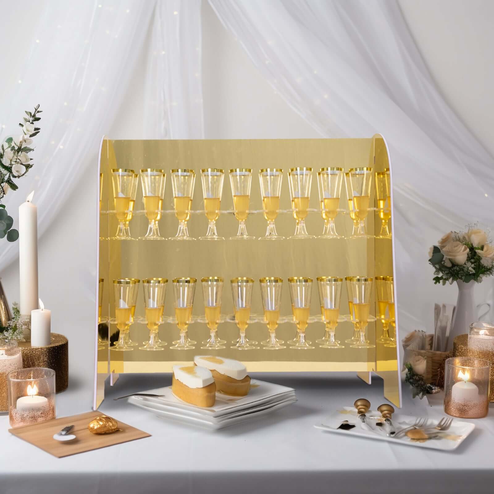 2-Tier Champagne Glass Holder Display Stand Table Top in Gold Mirror Finish - Modern Stemware Rack Cocktail Drink Holder with 18 Hooks for Events & DIY Bars 25"