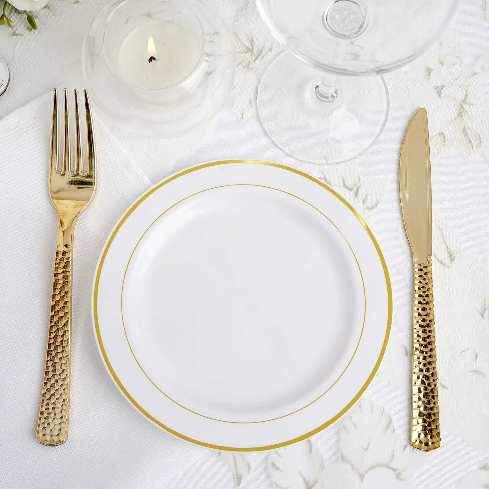 10-Pack Plastic Dessert Plates White with Très Chic Gold Rim - Disposable Plates for Appetizers 6"