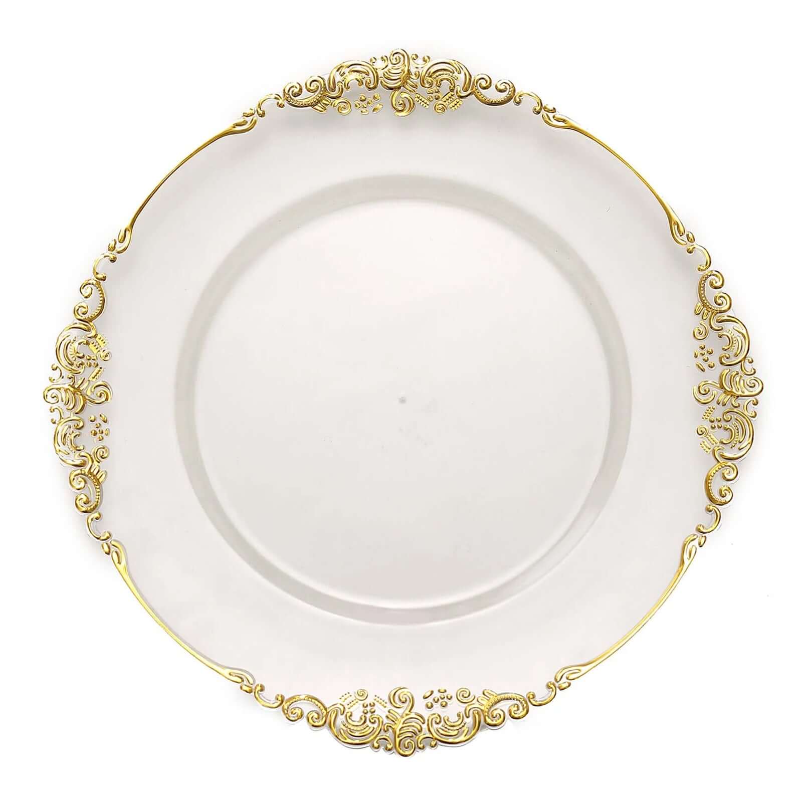 6-Pack Acrylic Round Charger Plates 13" in Clear with Gold Embossed Baroque Rim, Antique Decorative Dinner Party Charger Tableware