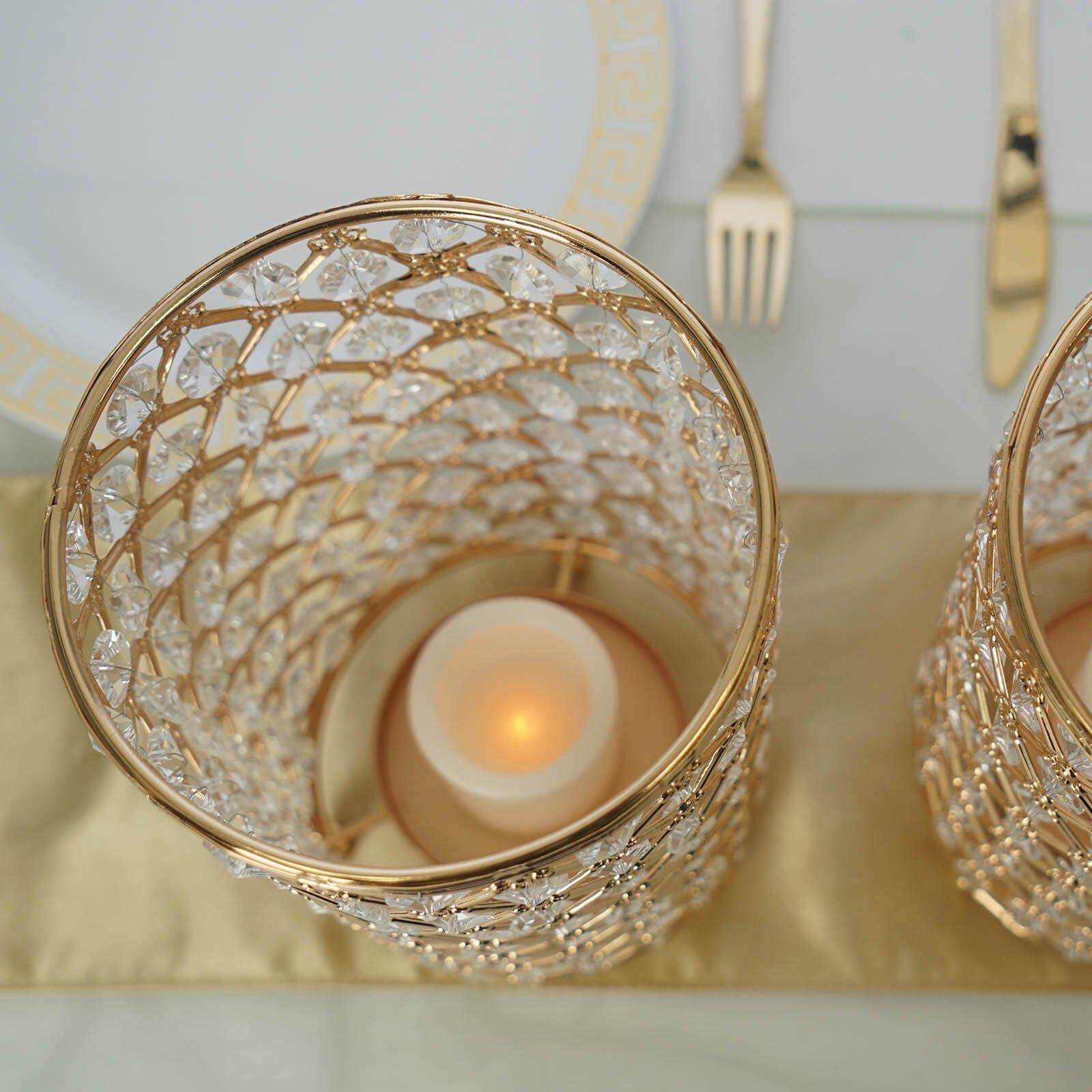 2-Pack Metal Crystal Beaded Pillar Holders Gold - Versatile Stem Vase Set for Decor 9"