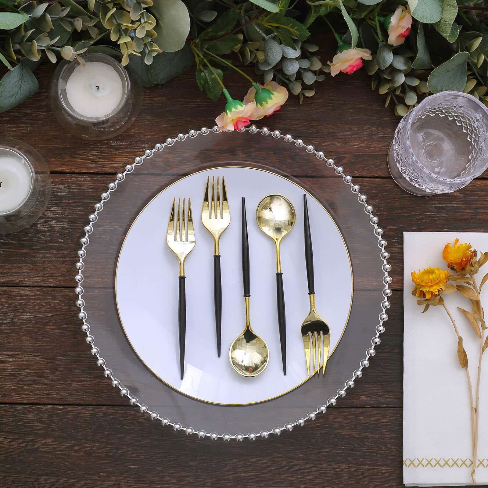 24-Pack Plastic Fork and Spoon Set Gold/Black - Heavy Duty Disposable Modern Utensils 6"