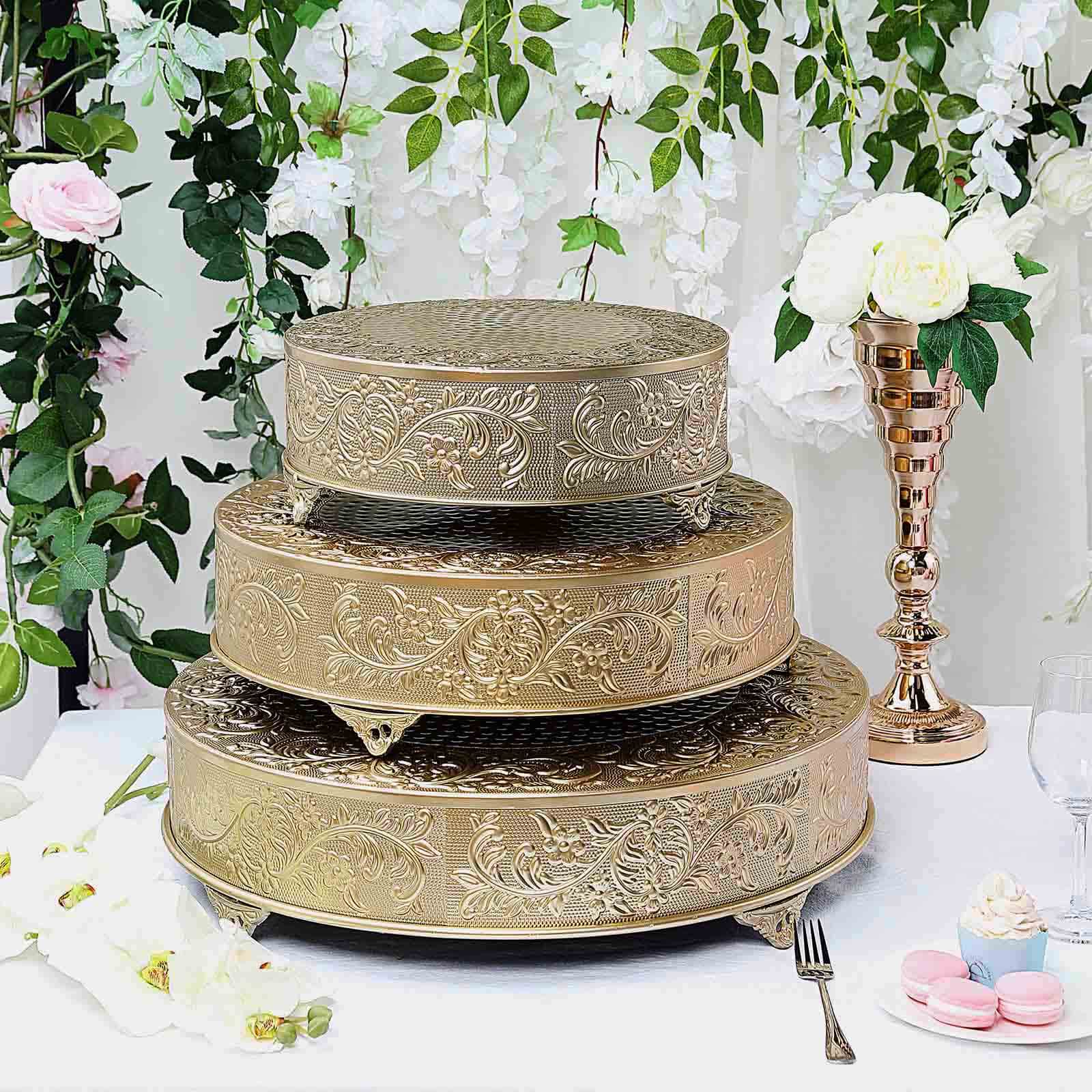 Metal 18" Round Cake Pedestal Stand Matte Gold - Cupcake Dessert Display Riser with Intricate Embossed Design for Upscale Events & Gatherings