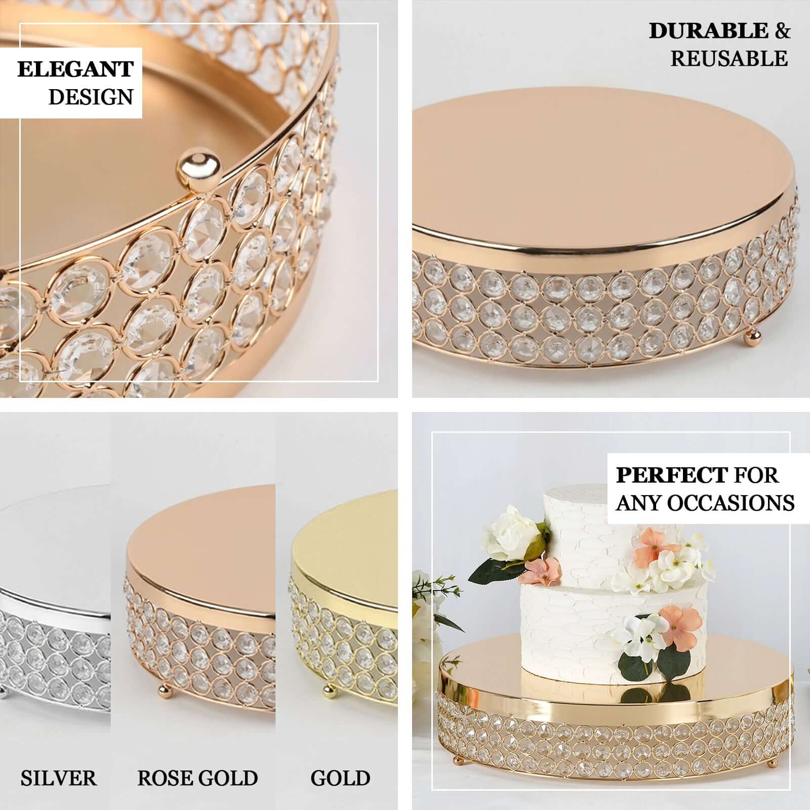 Metal Cake Stand Pedestal Crystal Beaded Design Gold - Cupcake Display and Dessert Riser 13"