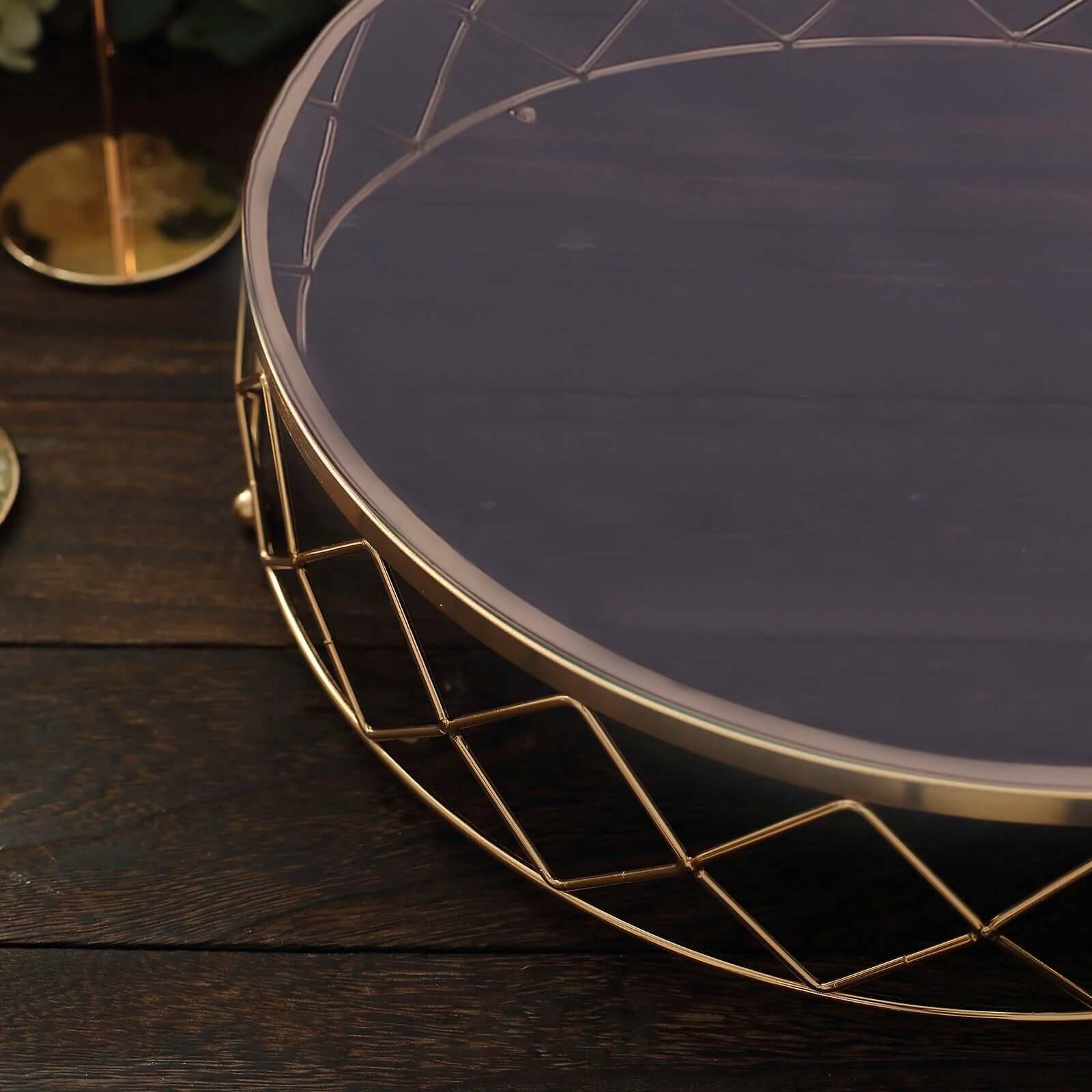 Metal Cake Stand Geometric Diamond Cut Design Gold with Glass Top - Dessert Display Riser 16"