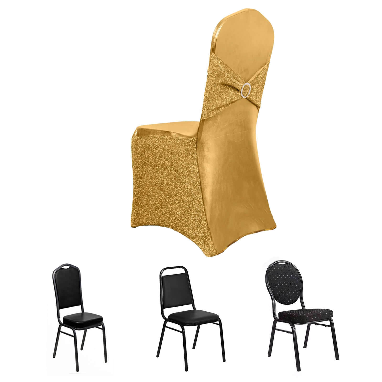 Spandex Banquet Chair Cover Metallic Gold Tinsel with Sash and Rhinestone Buckle - Luxe Shimmering Fitted Slipcover for Events