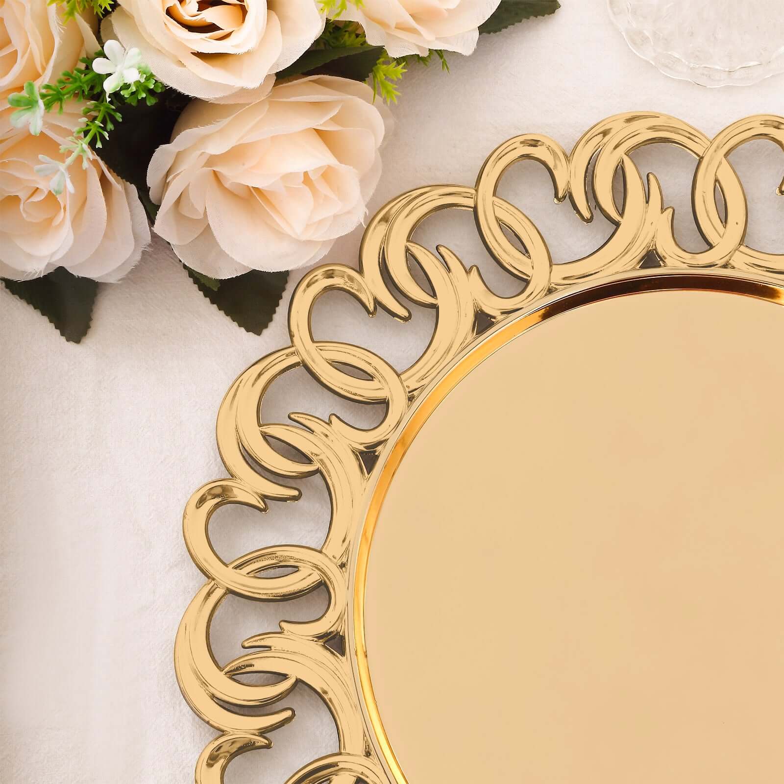 6-Pack Plastic Round Charger Plates 13" in Gold with Entwined Swirl Rim, Plastic Disposable Decorative Chargers