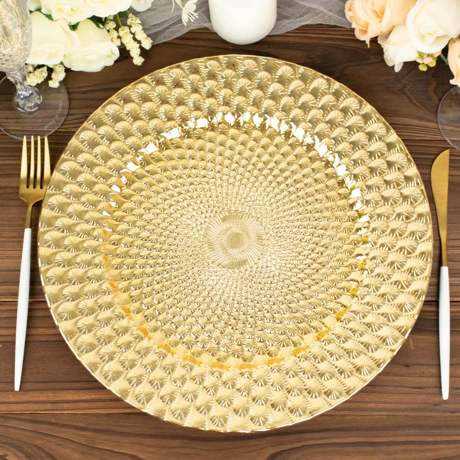 6-Pack Plastic Round Charger Plates 13" in Gold with Peacock Pattern, Exquisite Decorative Dinner Party Charger Tableware