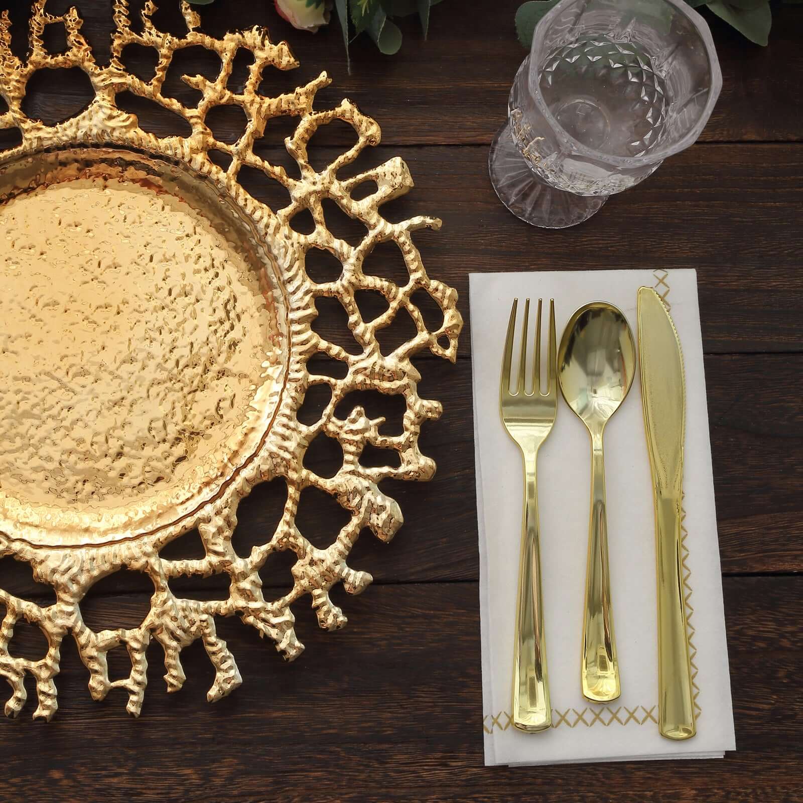 6-Pack Acrylic Round Charger Plates 13" in Gold with Molten Branch Design, Plastic Hollow Lace Decorative Dinner Party Charger Tableware