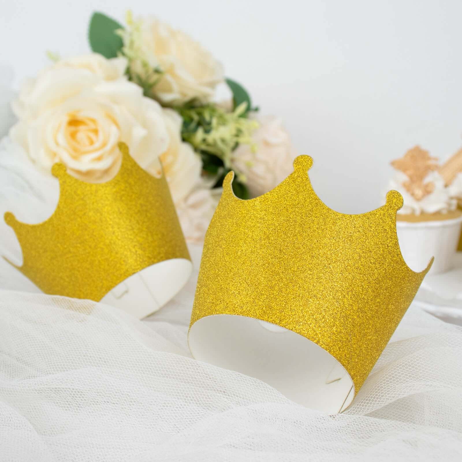 25-Pack Paper Cupcake Wrappers Glitter Crown Design Gold - Dust Free Muffin Paper Cup Liners