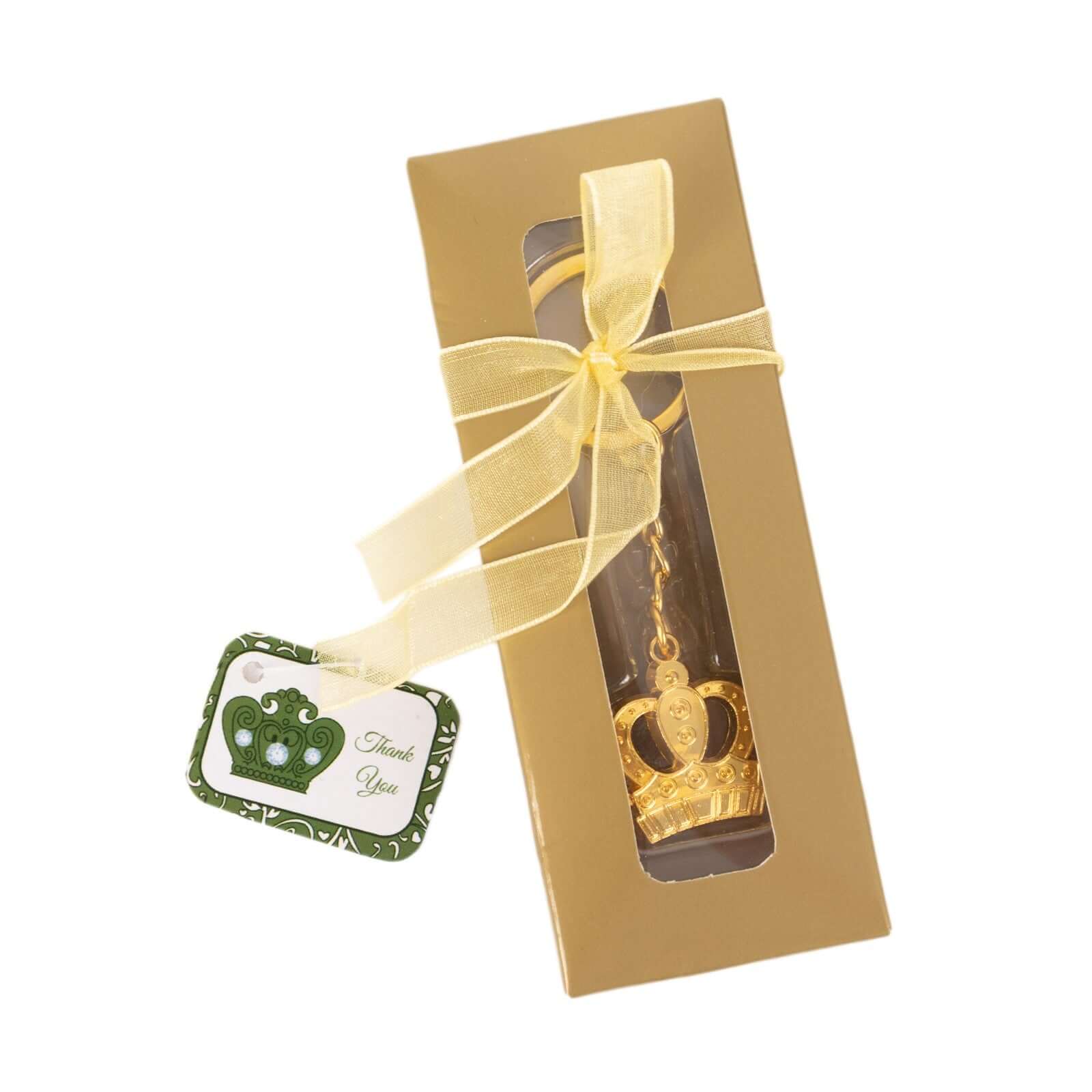 5 Pack Gold Metal Princess Crown Keychain Party Favor Souvenir, 3" Pre-Packed Wedding Bridal Shower Favor Gift Box With Ribbon & Thank You Tag