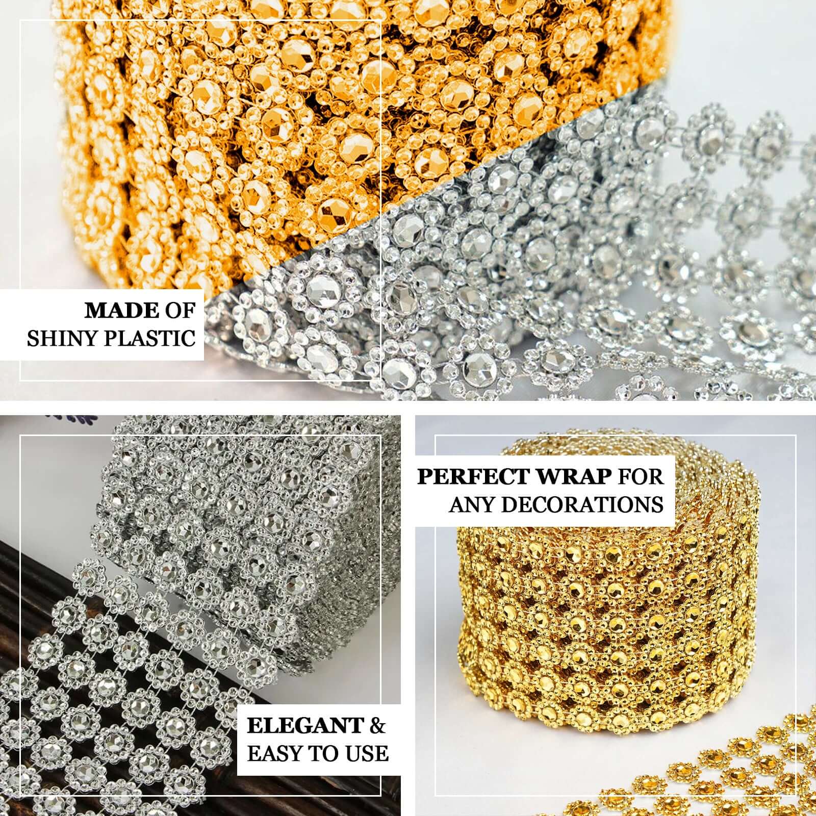 4"x10 Yards Gold Fleur Diamond Rhinestone Ribbon Wrap Roll, DIY Craft Ribbon