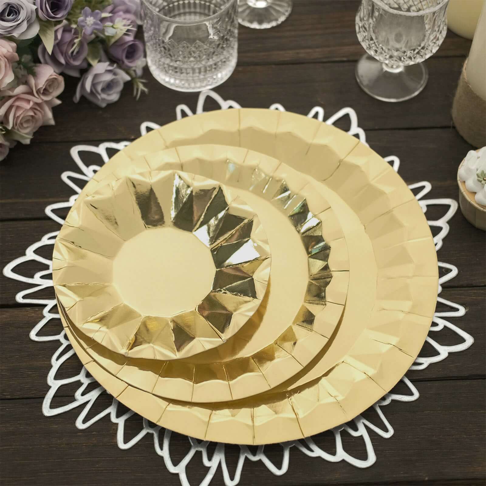 25-Pack Paper 12" Round Charger Plates in Metallic Gold with Geometric Prism Design - Disposable 400GSM Serving Trays for Stylish Banquets & Celebrations