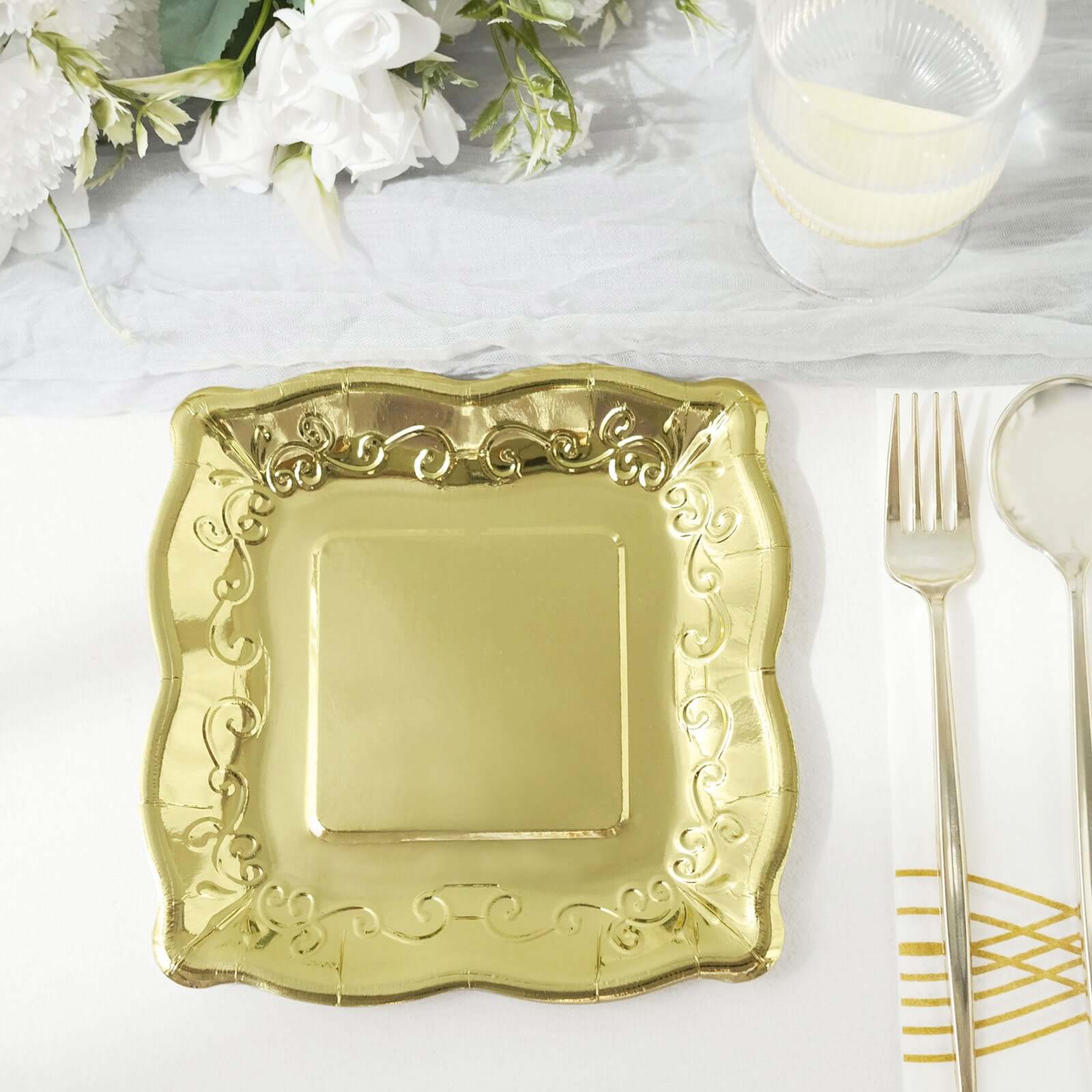25-Pack Paper 7" Square Dessert Plates in Gold with Vintage Pottery Embossed Design - Shiny Metallic Disposable Appetizer Plates for Luxe Gatherings & Celebrations