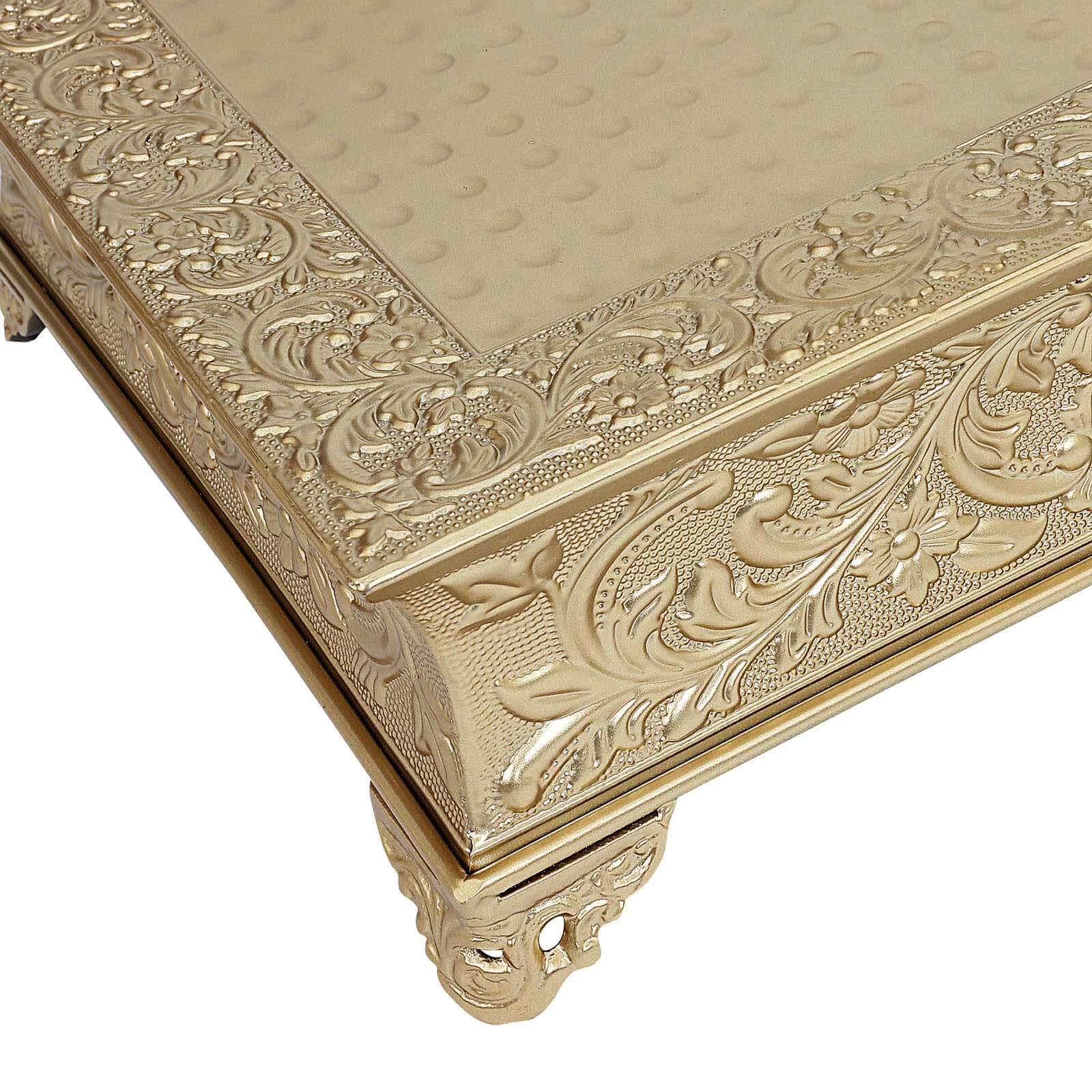 22" Square Gold Embossed Cake Pedestal, Metal Cake Stand Cake Riser