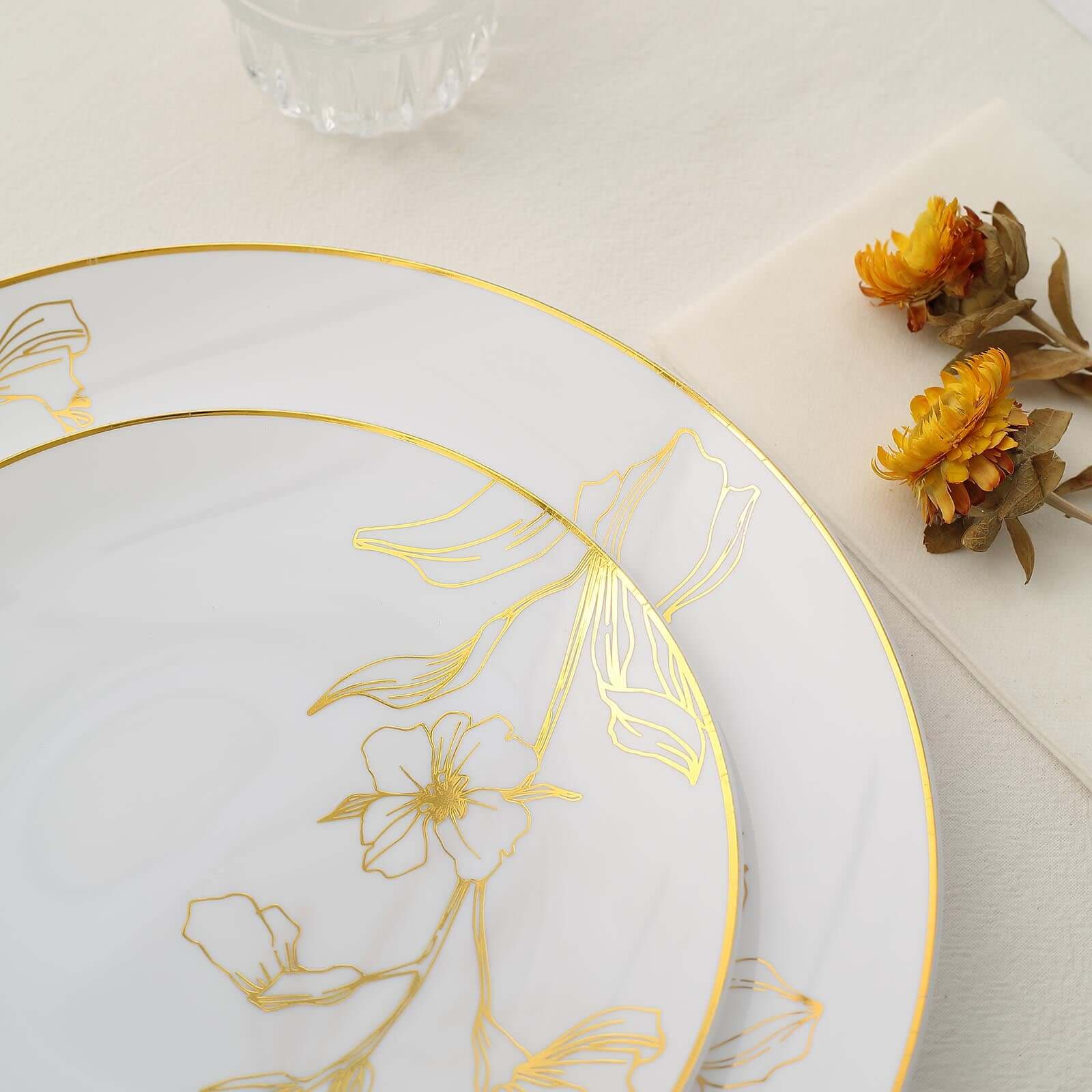 Set of 20 Plastic Round Dinner and Dessert Plates in White with Metallic Gold Floral Design - Stylish Disposable Dinnerware for Banquets & Special Occasions 8", 10"