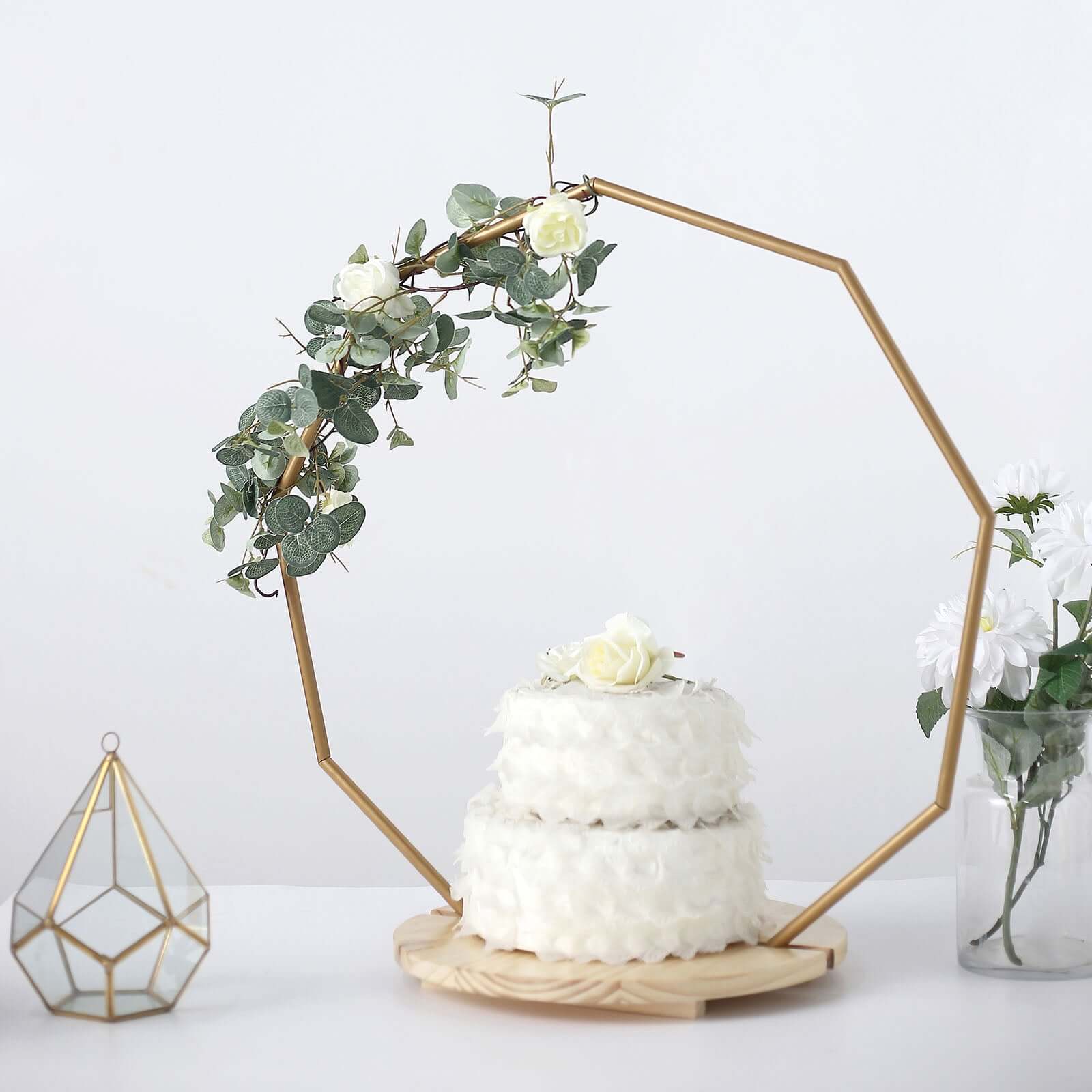 Metal Nonagon Floral Hoop Cake Stand Gold - Chic Geometric Dessert Display DIY Centerpiece Table Decoration With Wooden Base 27"