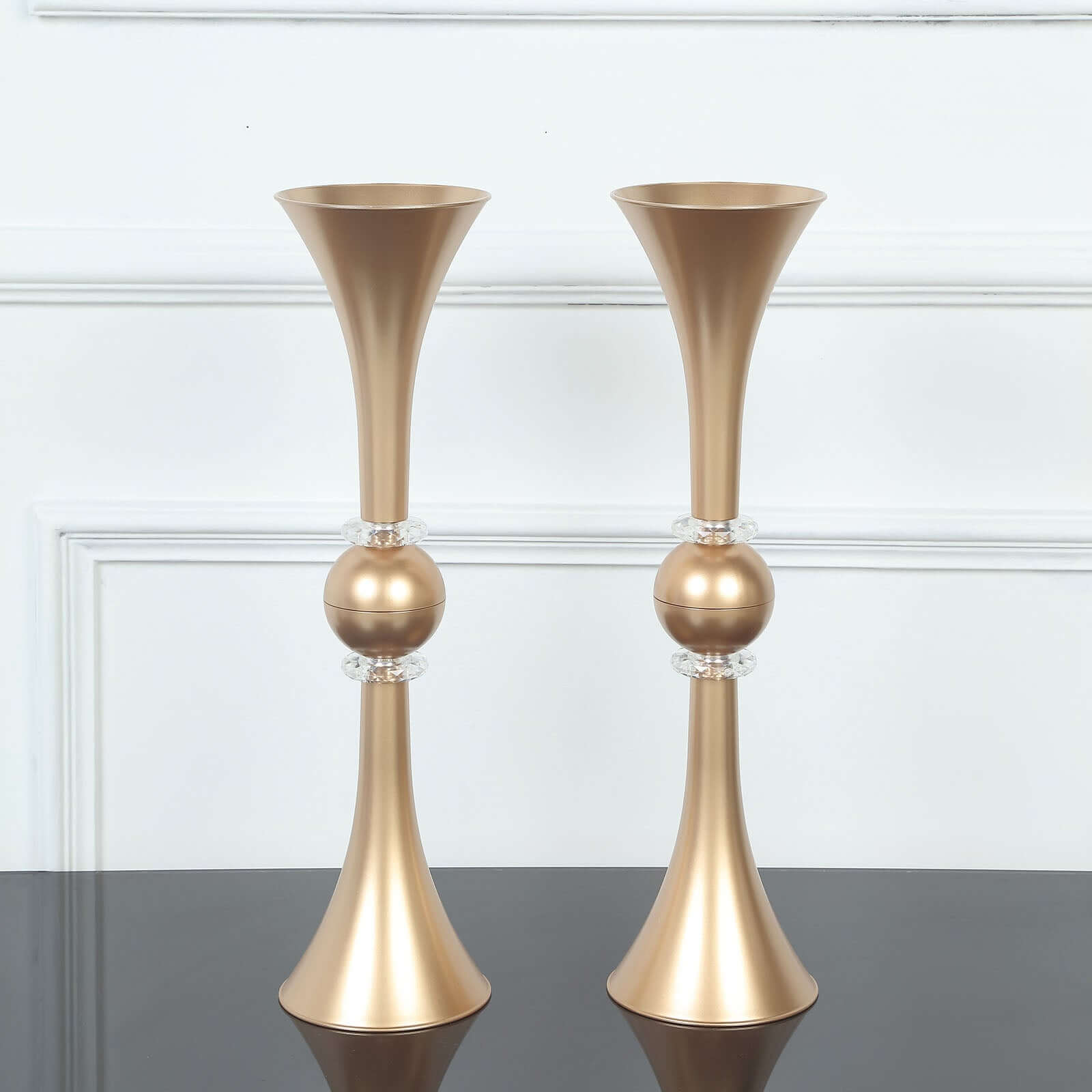 2-Pack Flower Vases Trumpet Design with Crystal Embellishments Gold - Reversible Plastic Table Centerpieces 21"