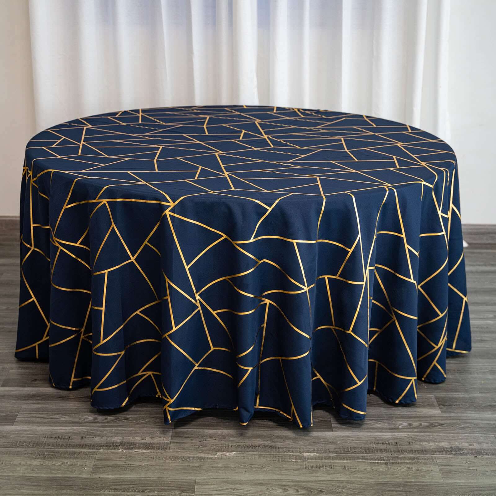 Polyester 120" Round Tablecloth Navy with Gold Foil Geometric Pattern Wrinkle-Resistant Seamless Table Cover