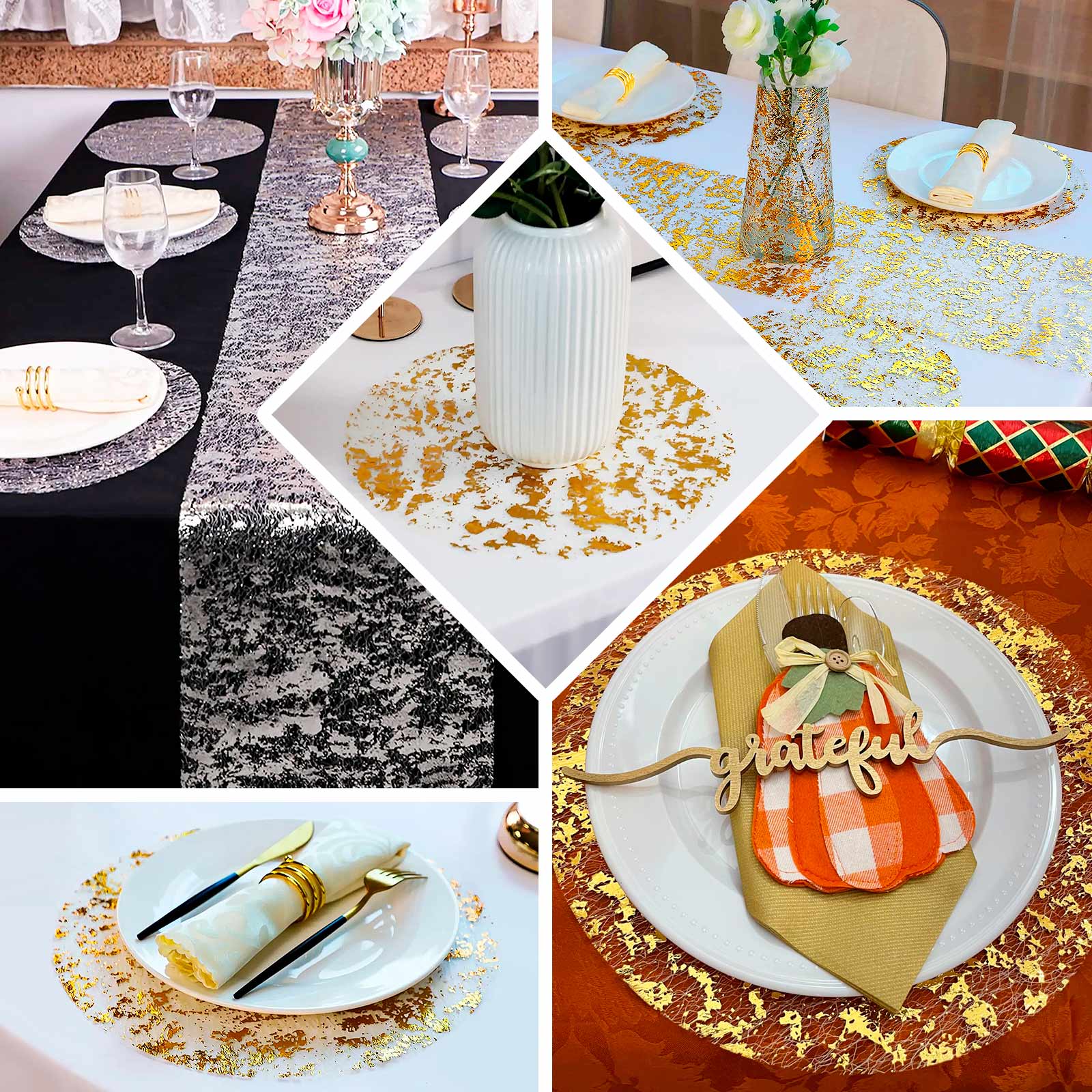 10-Pack Table Placemats Foil Design Metallic Gold Round - Mesh Disposable Shiny Dining Mats 13"